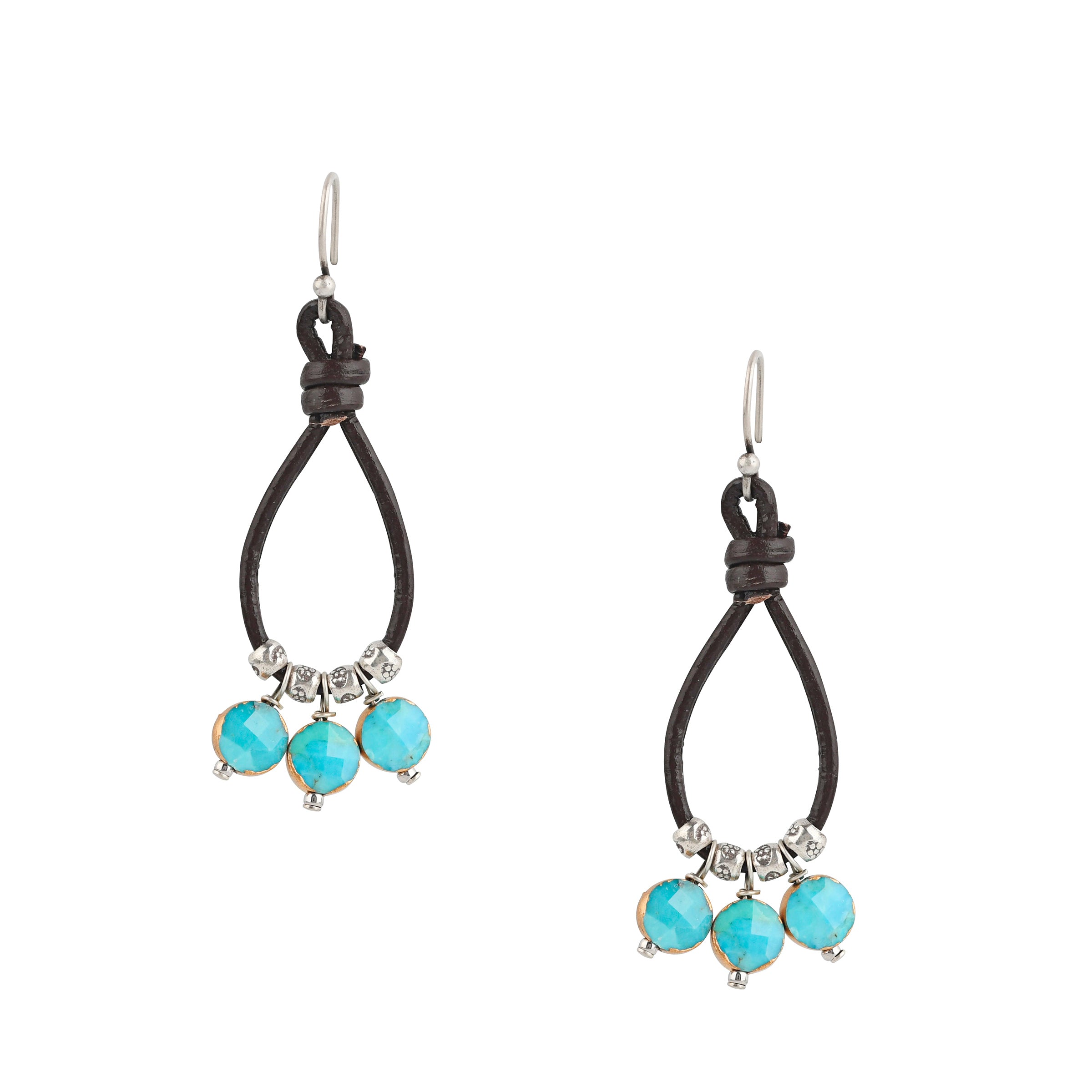 Goat Leather teardrop earrings with Blue Turquoise charms and Sterling Silver Thai Beading