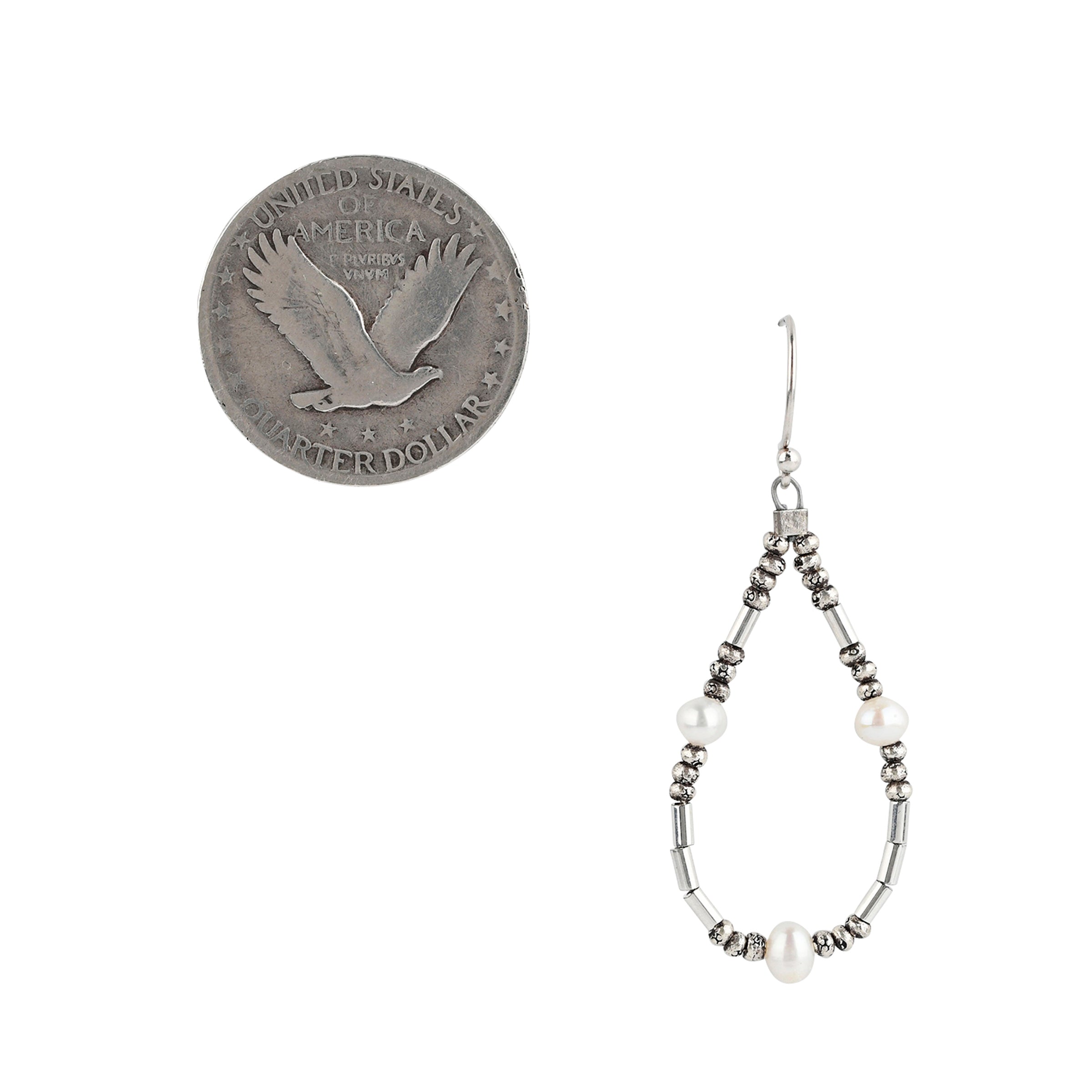 A Peyote Bird Original, teardrop earrings strung with Sterling Silver and Freshwater Pearls