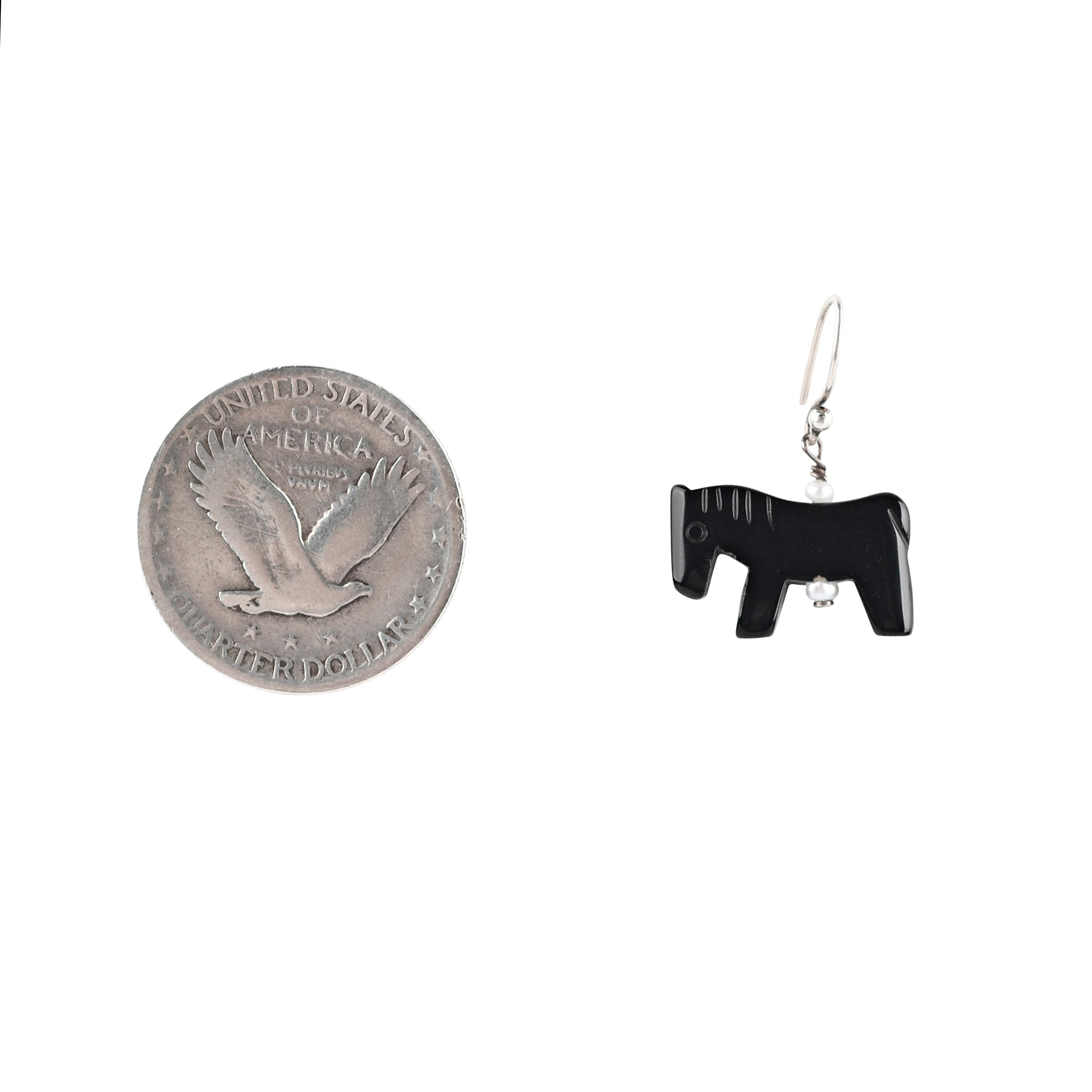Black Horse earrings hand-carved from Onyx with Freshwater Pearl accents on top and bottom.