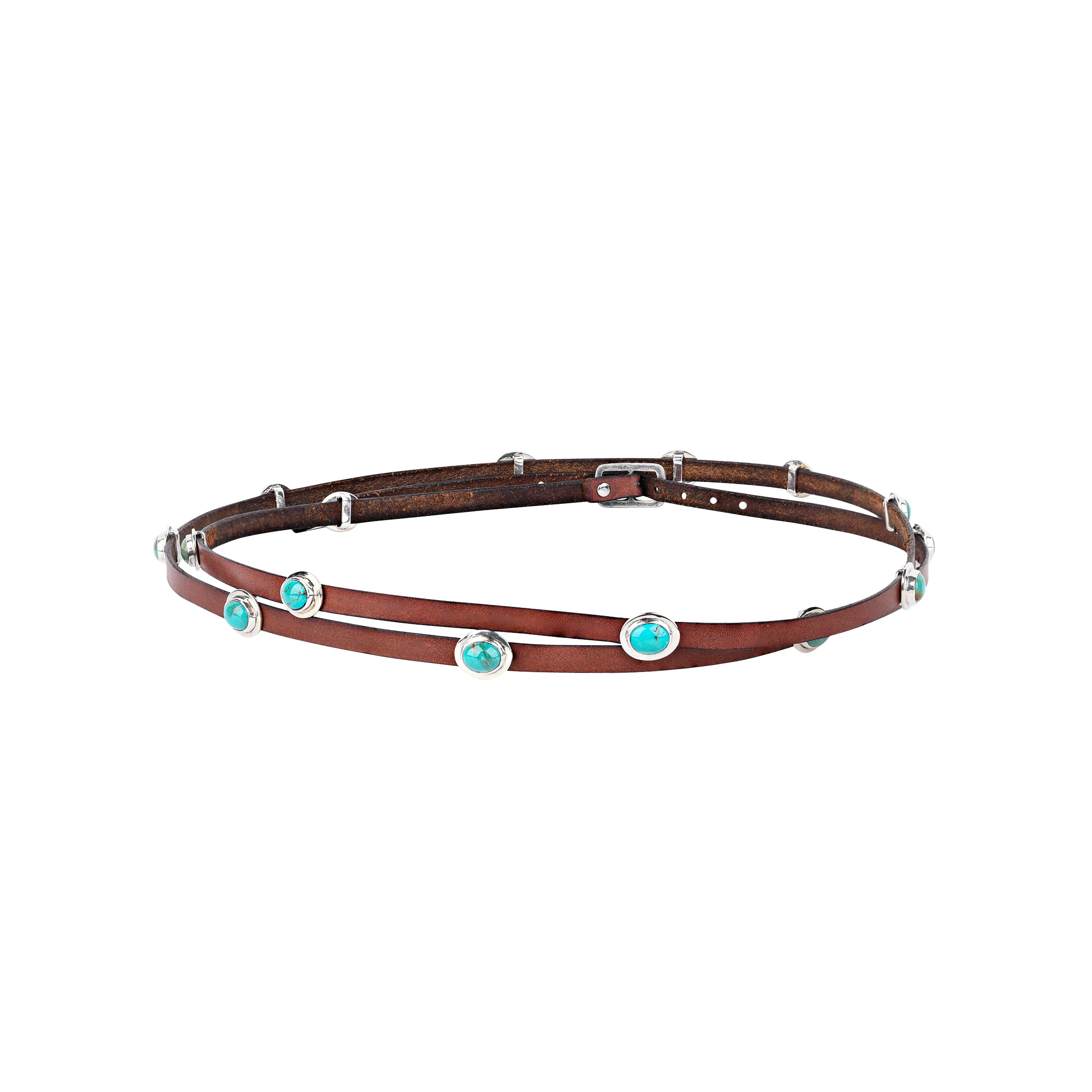 Multi wrap brown leather hatband with sterling silver and inlay Turquoise concho's throughout and buckle closure.