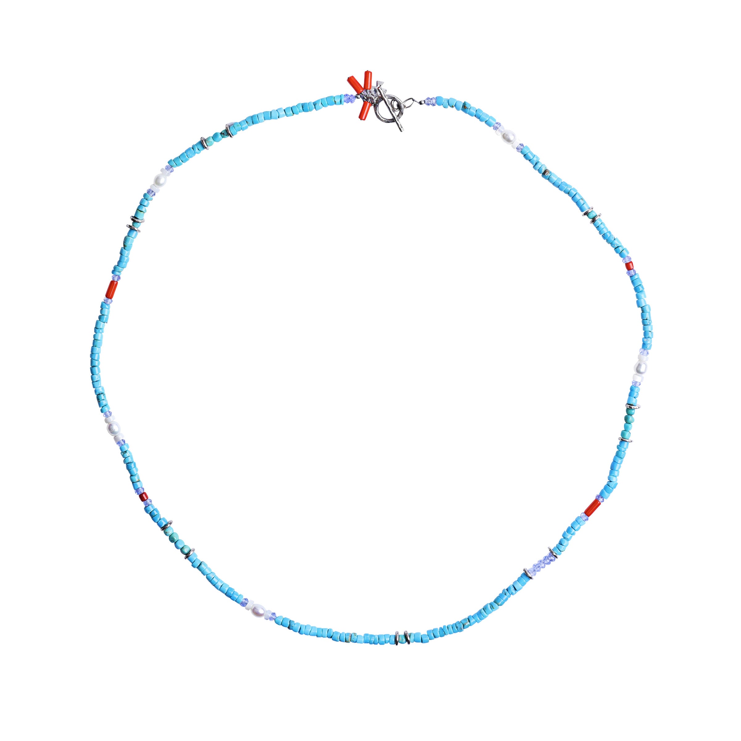 A Peyote Bird Original necklace featuring sterling silver, blue turquoise, mother of pearl, fresh water pearl, red coral, and quartz. Made in USA.