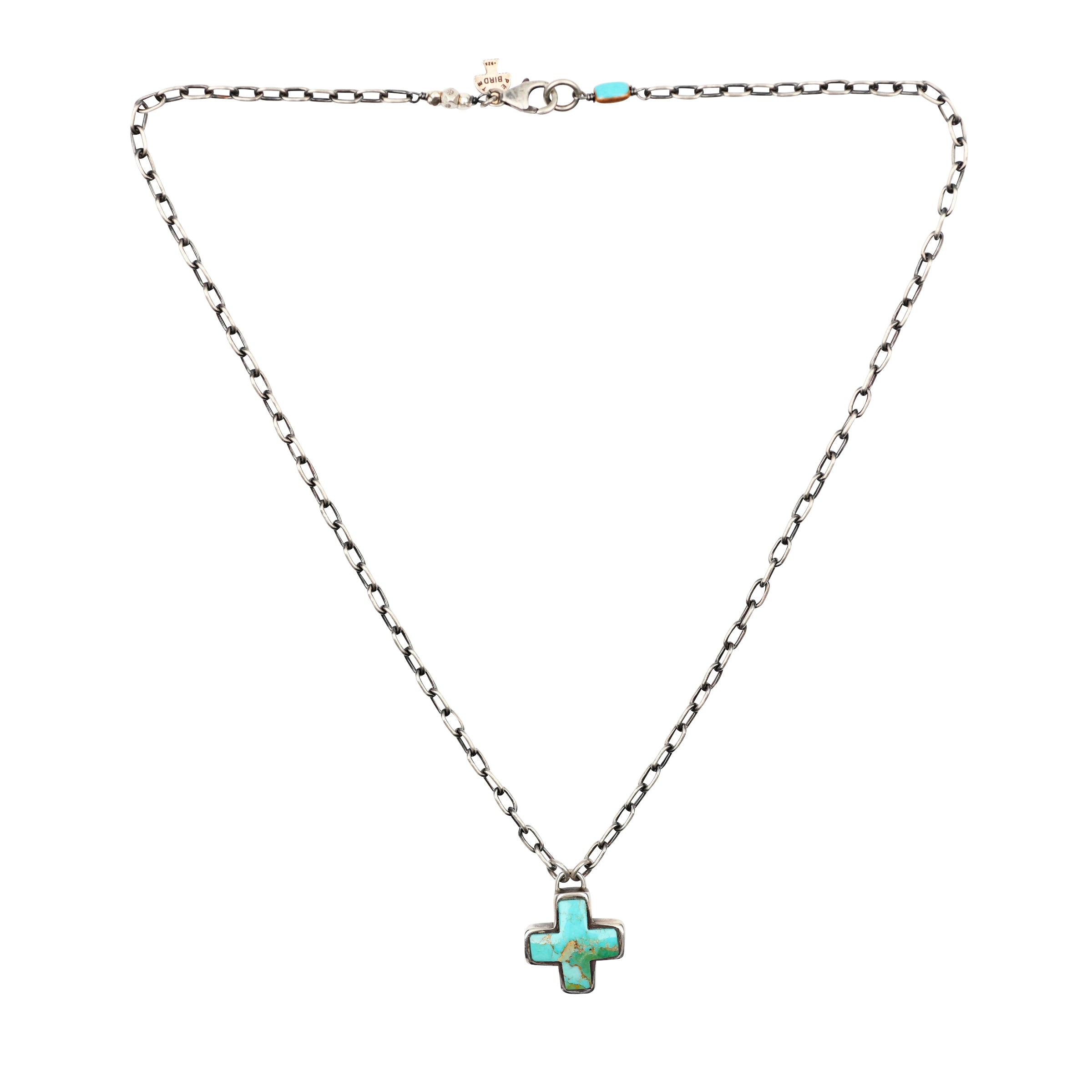 Turquoise Cross Necklace strung on link chain