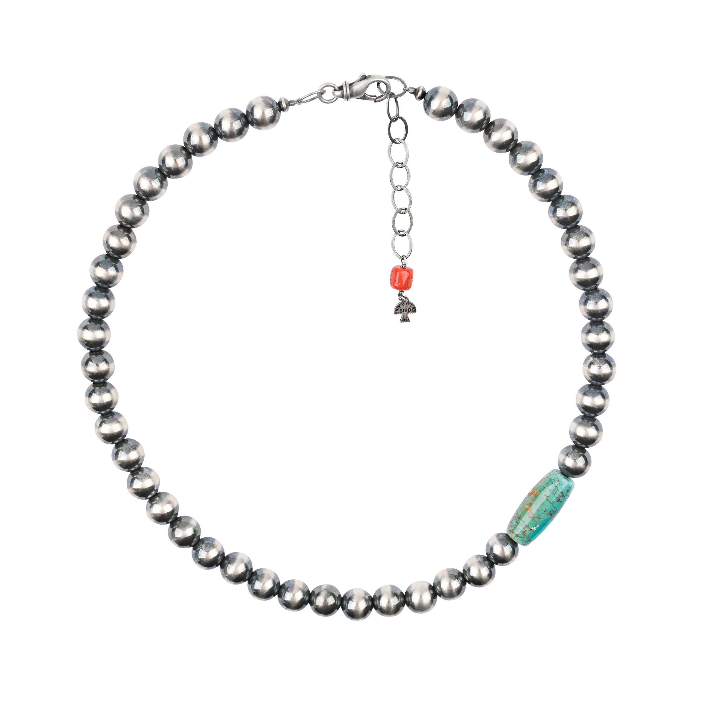 A Sundance featured piece: an adjustable necklace strung with desert pearls, blue turquoise, and topped with red coral.