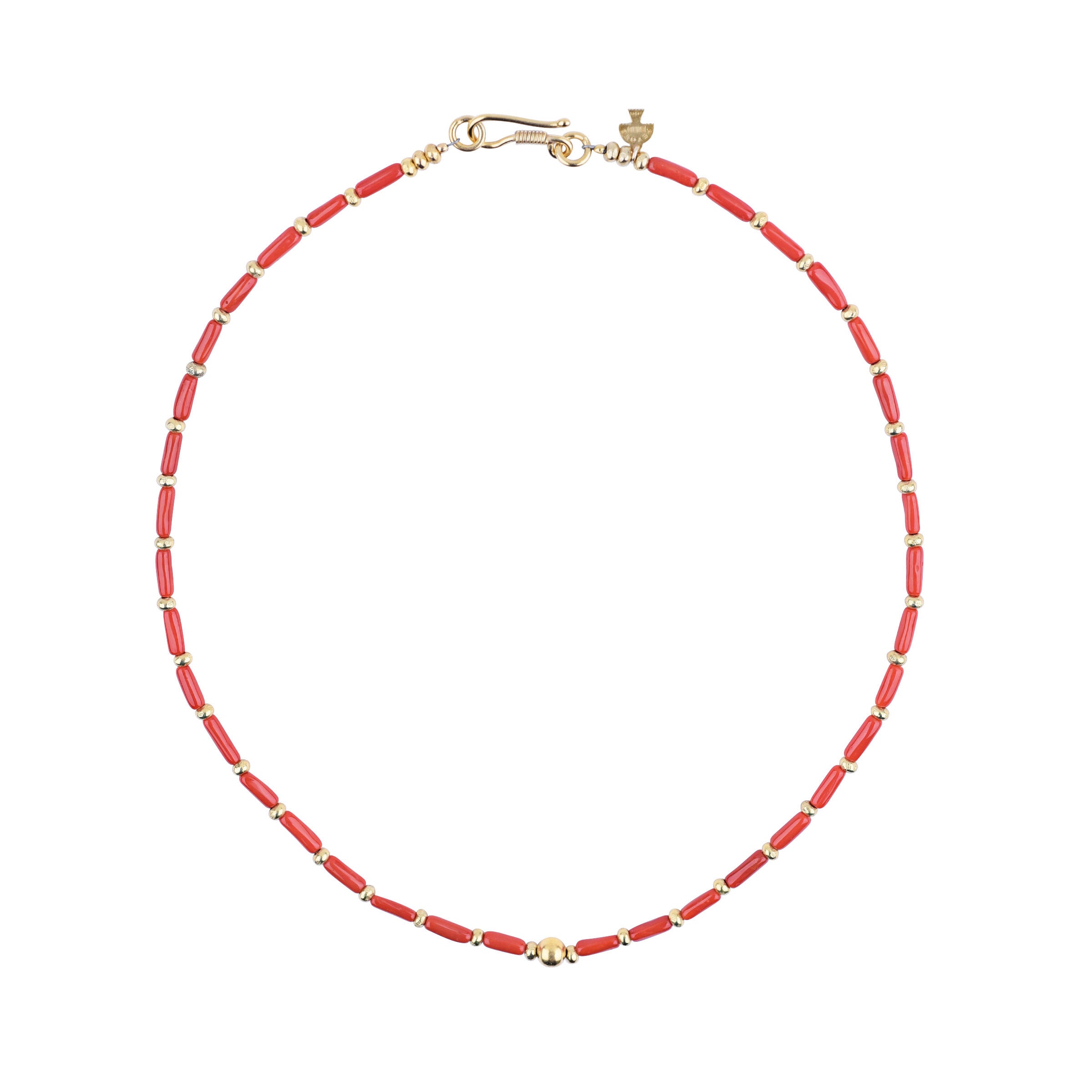 A Peyote Bird Original beaded necklace strung with 14k Gold Plated Thai beading and Red Coral tube beads. Finished with a hook toggle.