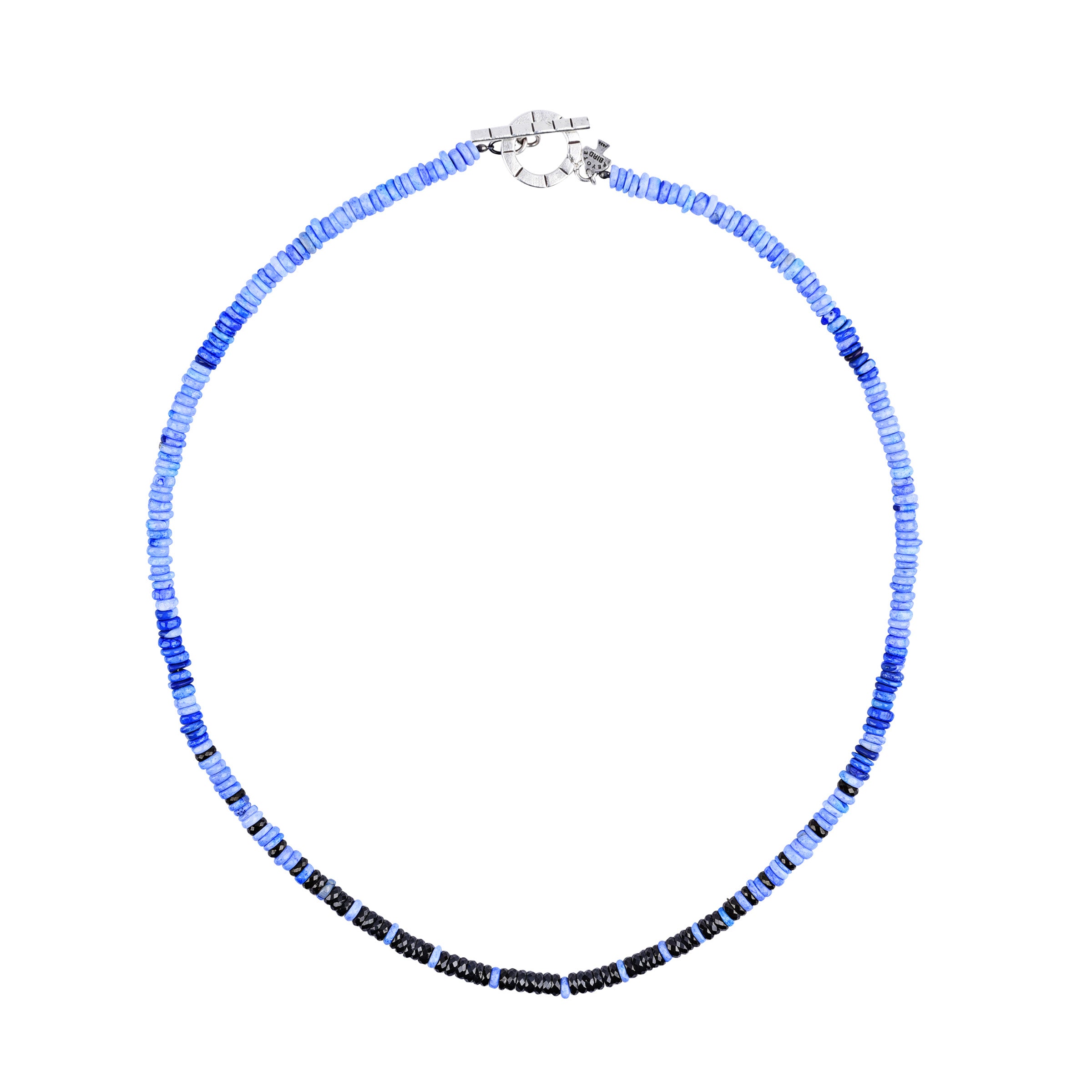 A beaded necklace adorned with Blue Opal and Black Spinel finished with a sterling silver toggle clasp