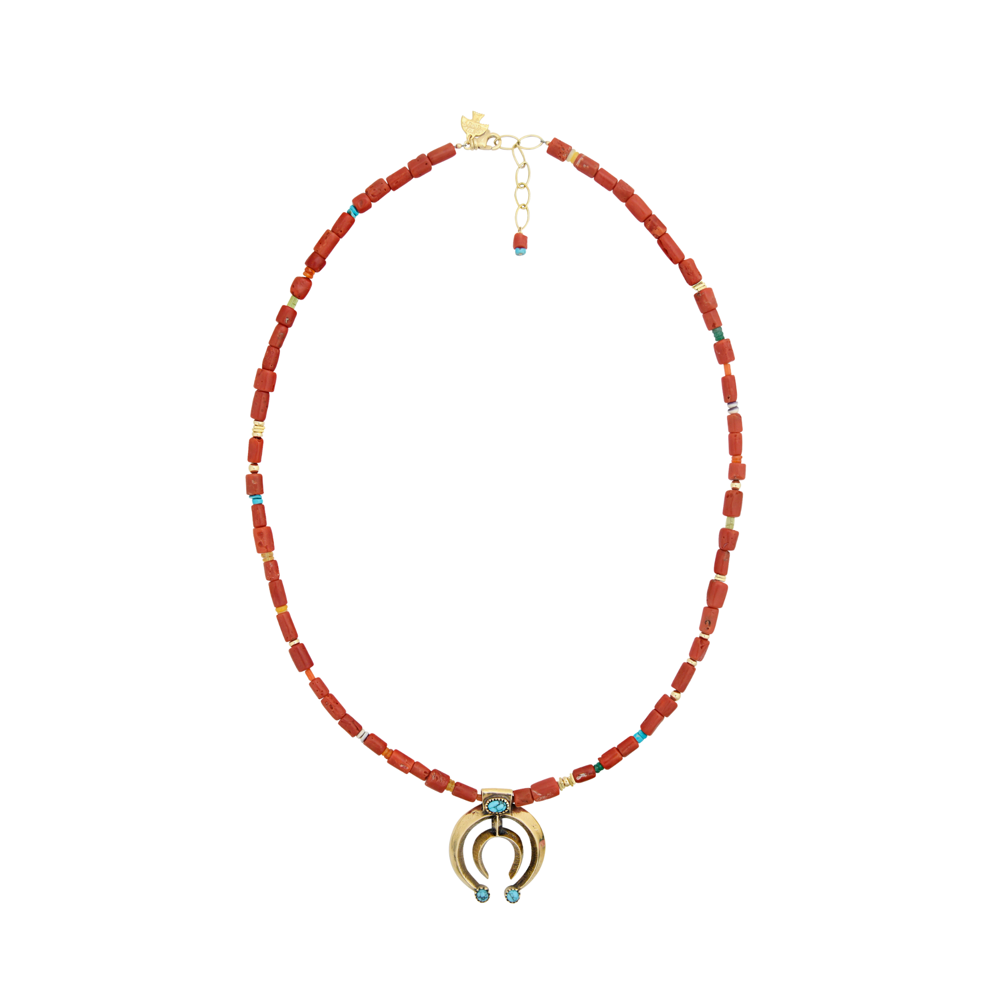 Coral beaded neckalce with gold and turquoise accents and large gold naja center charm with turquoise inlay and gold lobster claw with gold extender chain.