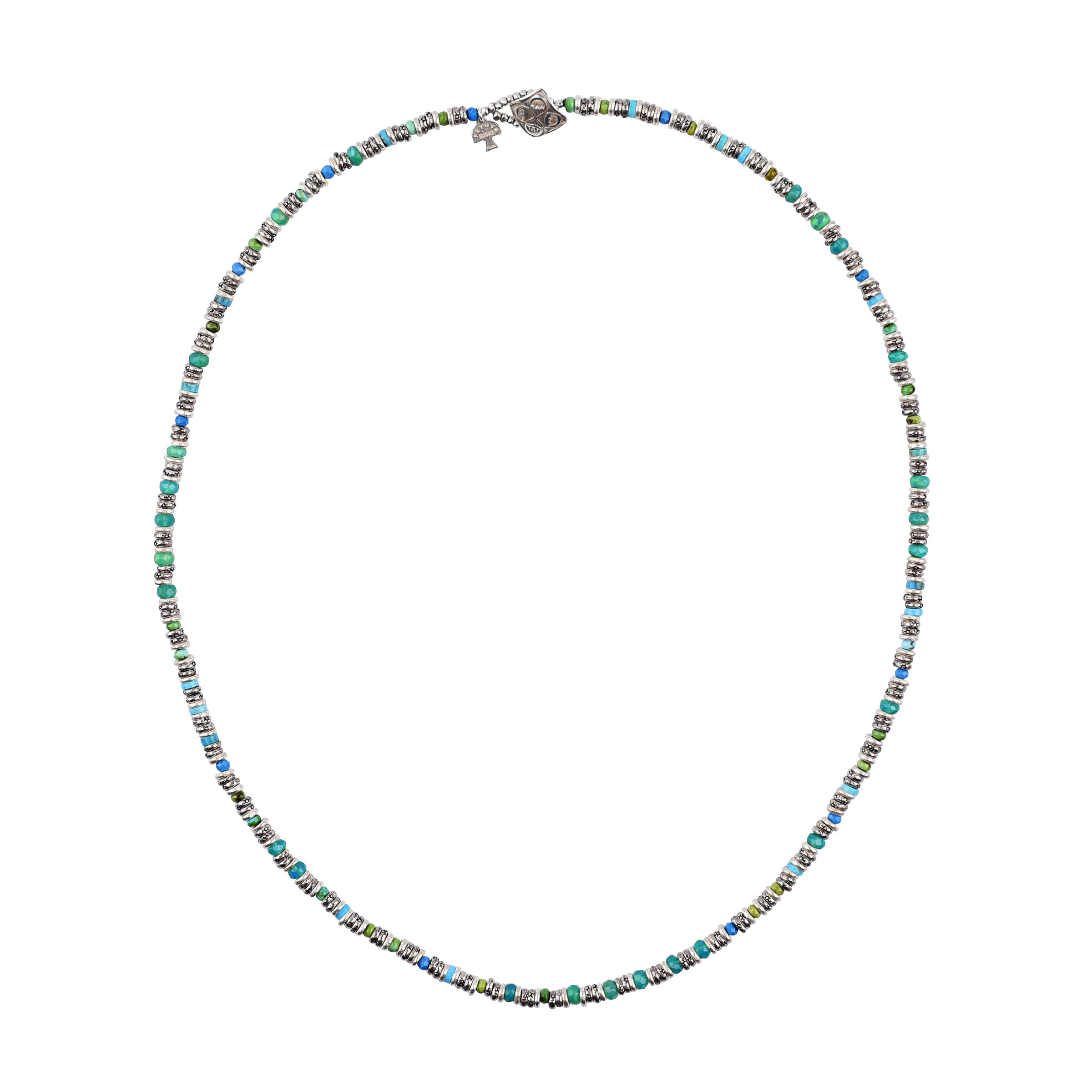 A Peyote Bird Original beaded necklace strung with Sterling Silver Thai beading, Blue and Green Turquoise, Howlite, Green Ethiopian Opals and finished with a decorative sterling silver toggle.