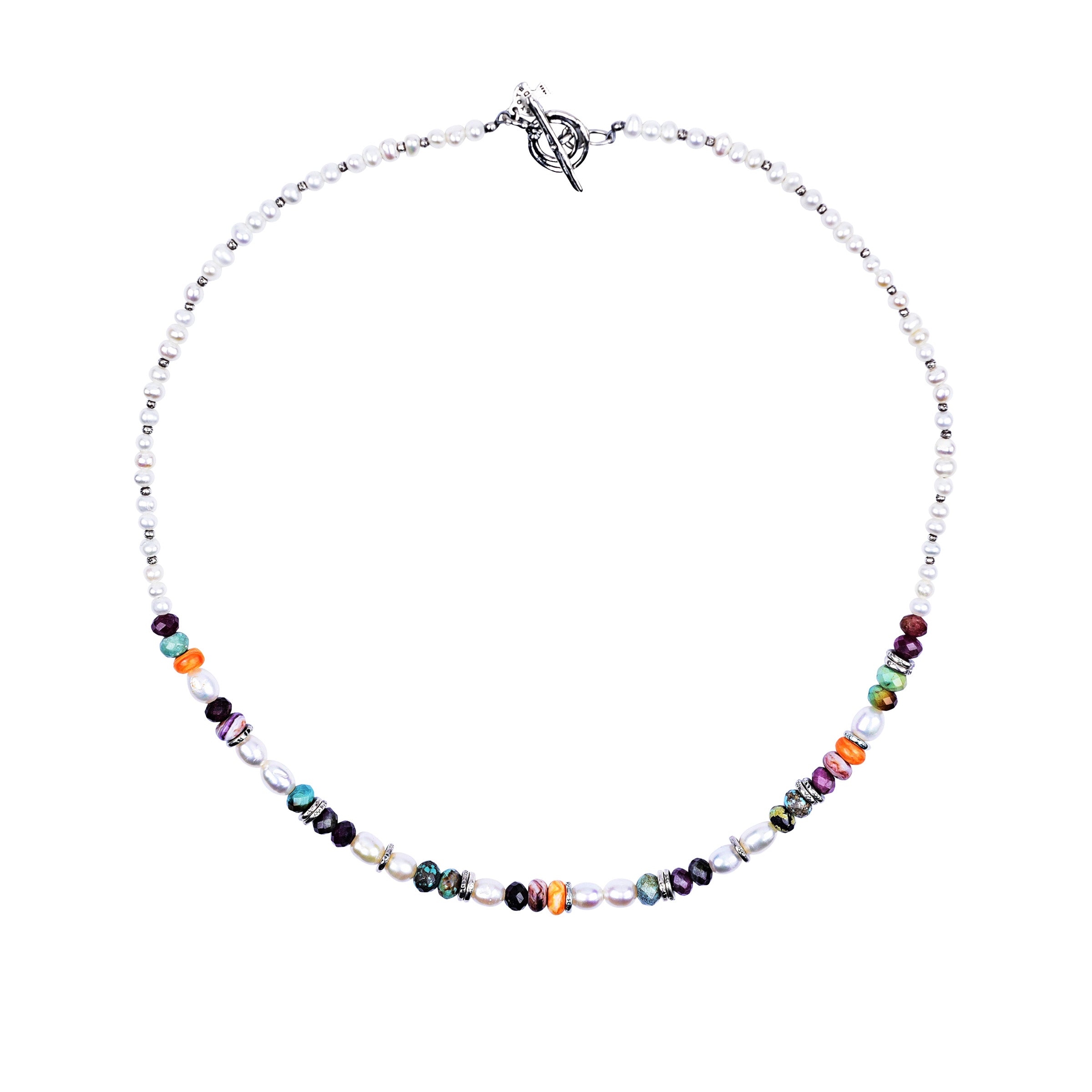 A boho style necklace featuring Pearl, Natural Turquoise, Tourmaline, Orange Spiny Oyster Shell, and Purple Spiny Oyster Shell