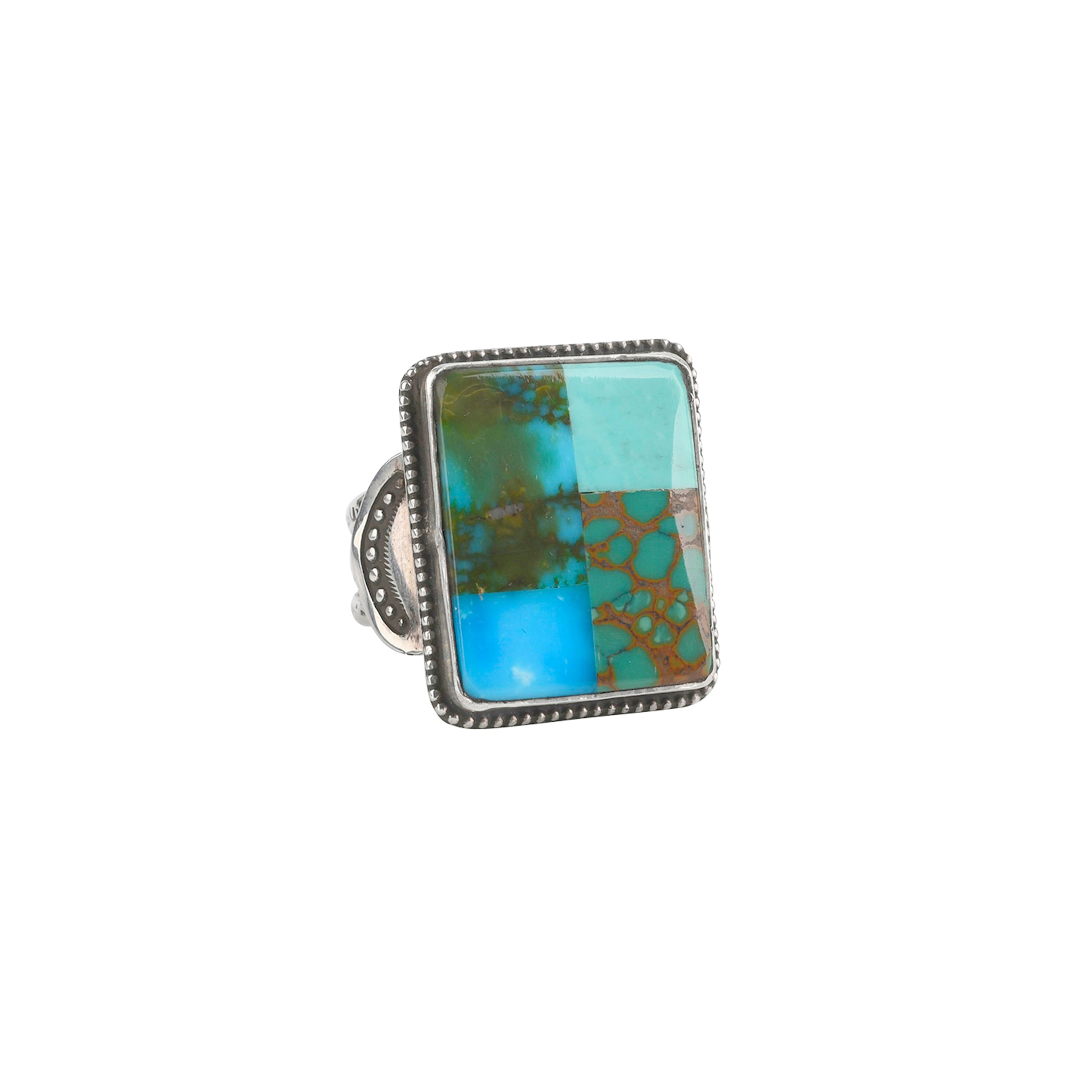 Sterling silver square ring with multiple Turquoise stone inlay in smaller squares.