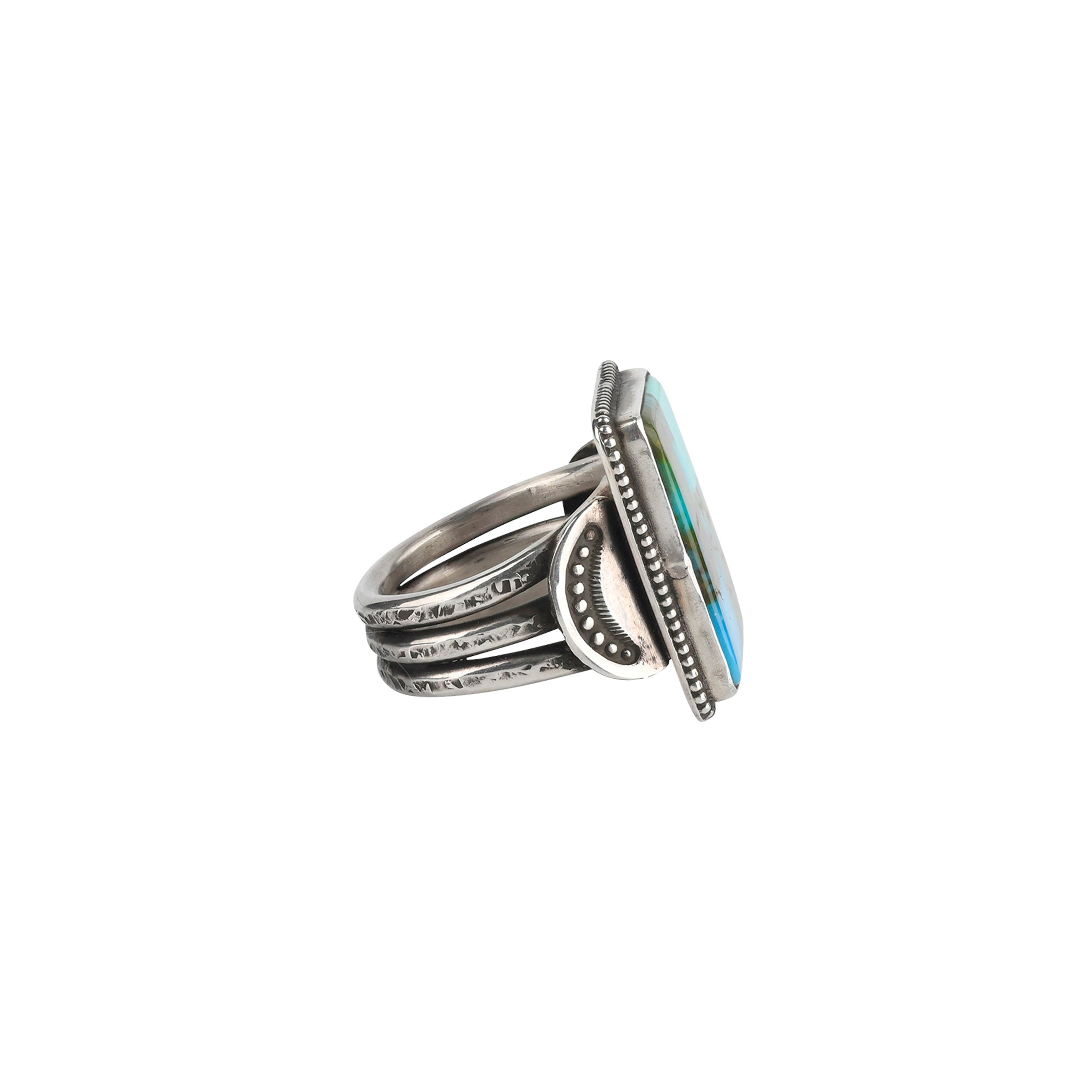 Sterling silver square ring with multiple Turquoise stone inlay in smaller squares side profile of sterling silver detailed shank.