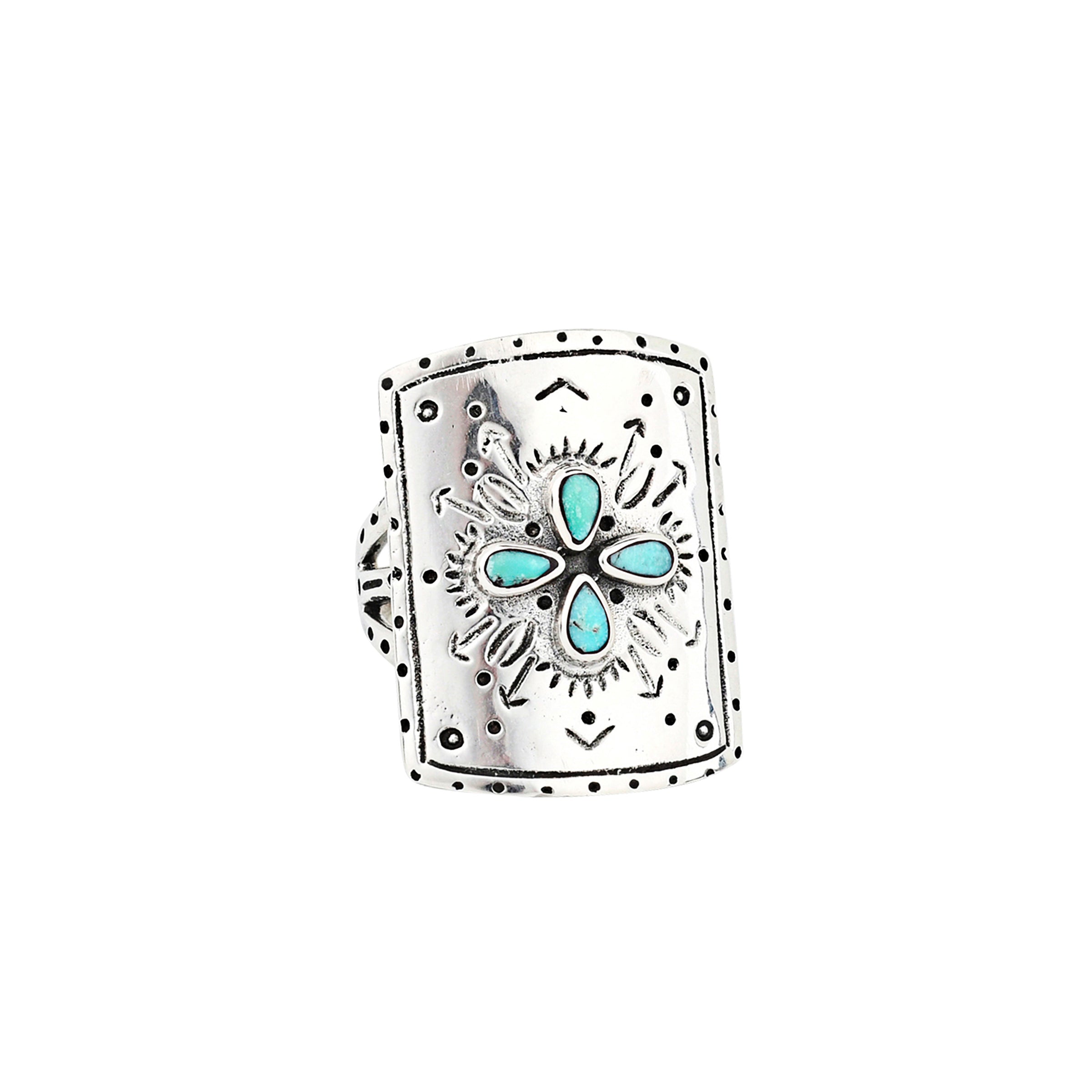 A square shield ring featuring Blue Turquoise petals as the centerpiece surrounded by Southwestern motif detailed stamping