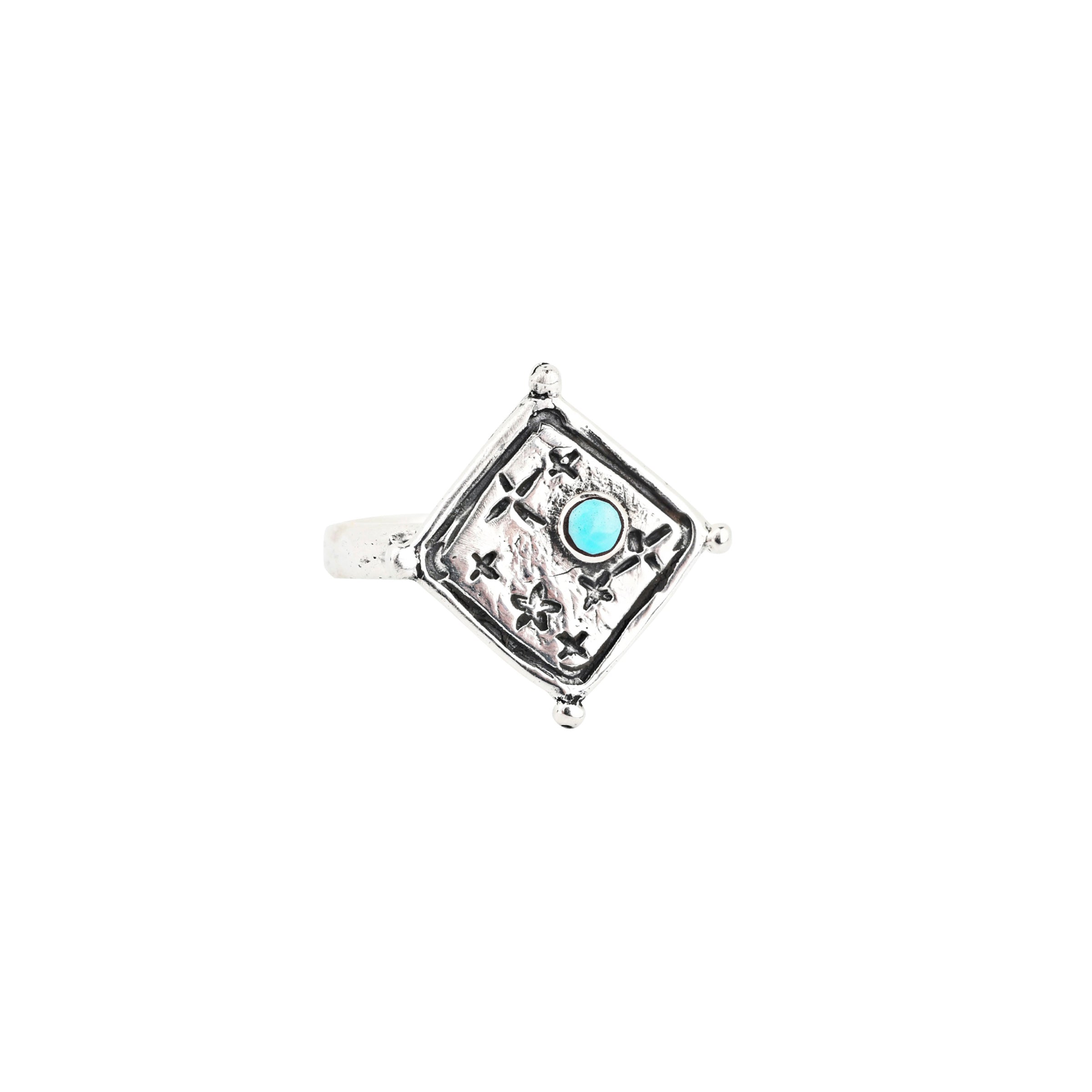 A darling Sterling Silver ring stamped with stars and adorned with a round Blue Turquoise