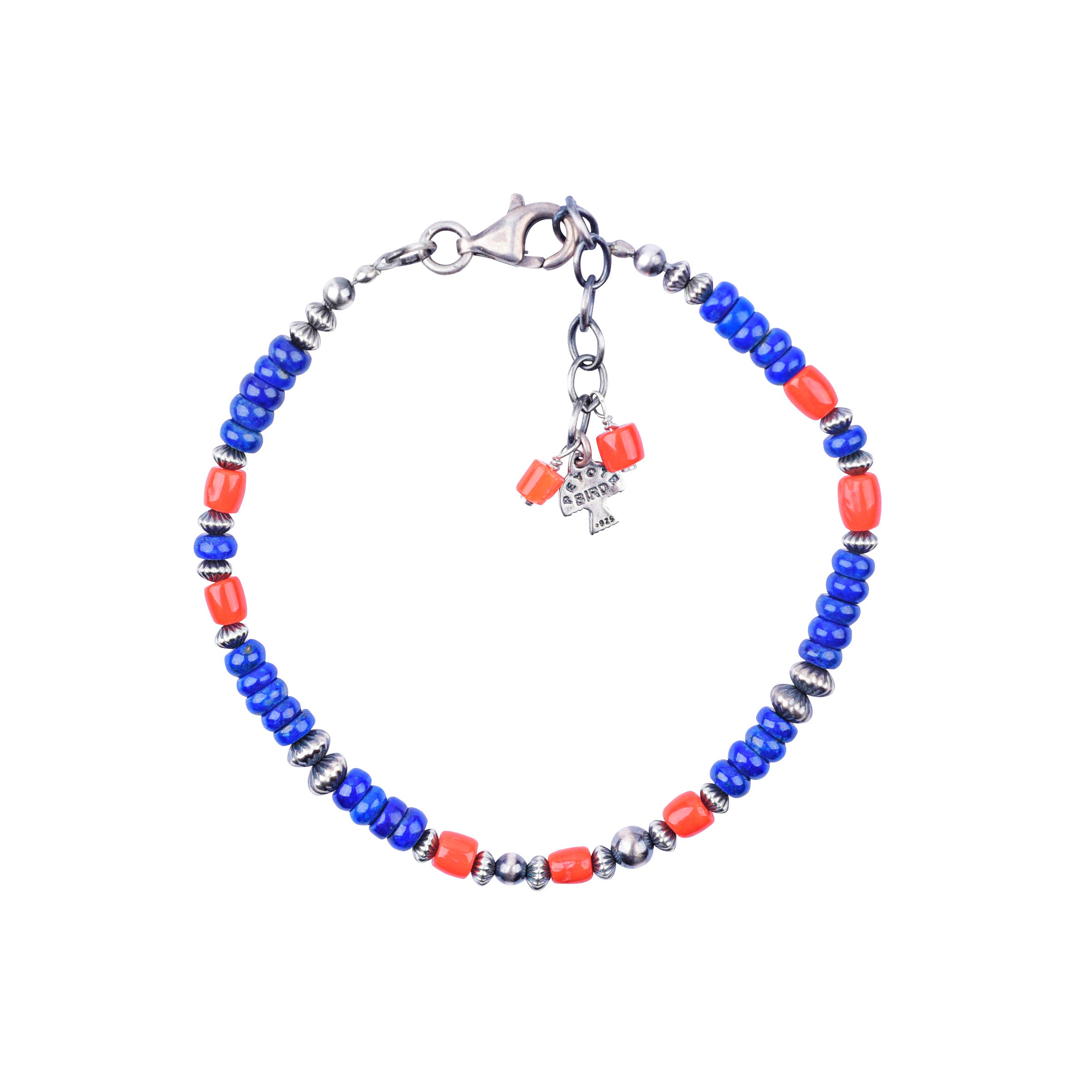 Blue Lapis and Red Coral Beaded Bracelet with Desert Pearl and Corrugated Desert Pearl Accents, adjustable sizing fits men and women