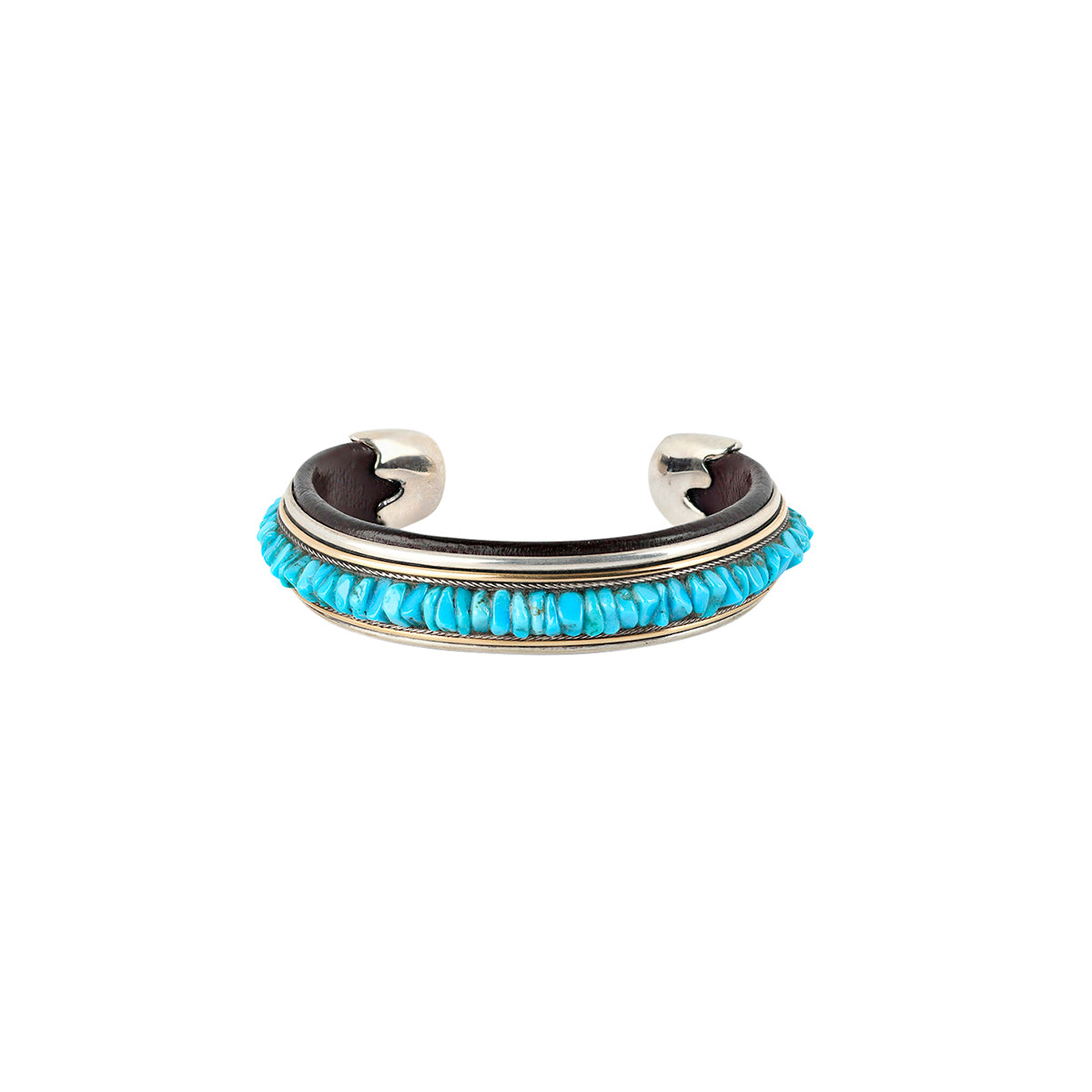 Turquoise inlay cuff with silver detailing on leather wrapped silver cuff.