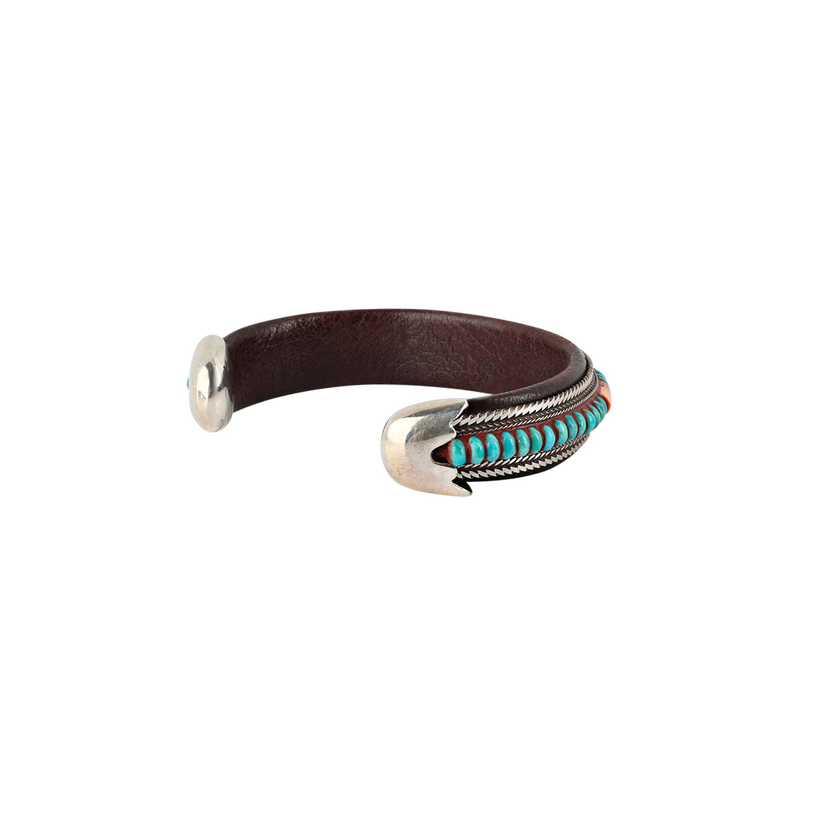 Turquoise inlayed cuff on leather wrapped silver with sterling silver terminals side view