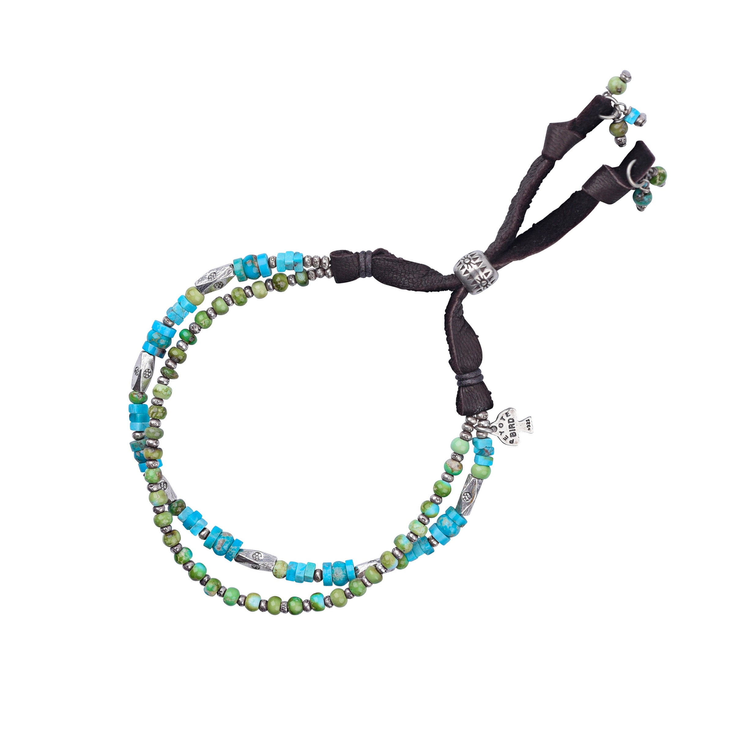 Blue and Green Turquoise beaded adjustable bracelet with sterling silver Thai beading on silk finished with brown deerskin leather
