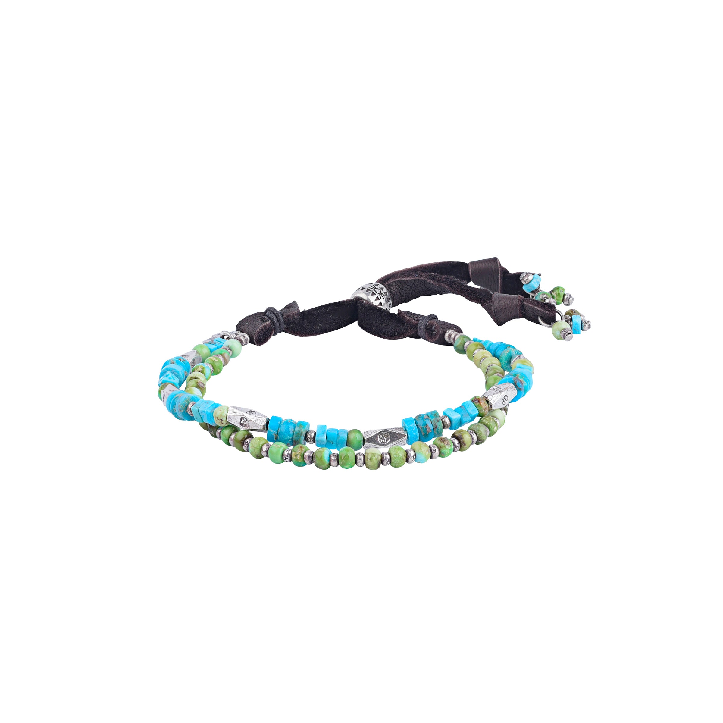 Blue and Green Turquoise beaded adjustable bracelet with sterling silver Thai beading on silk finished with brown deerskin leather