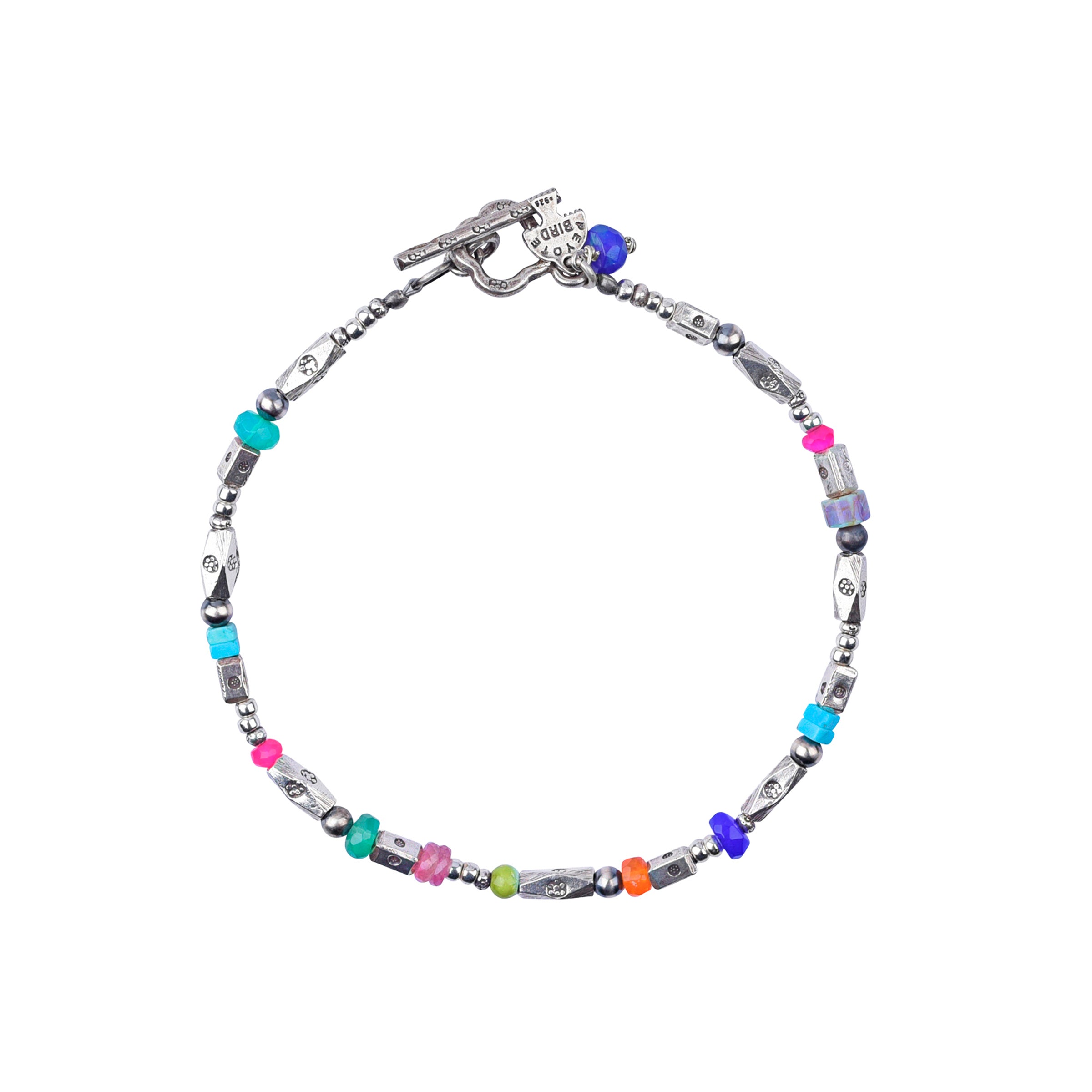 Sterling Silver Beaded Bracelet with Pink Sapphire, Ethiopian Opal, Blue Turquoise, Green Turquoise topped with Desert Pearls