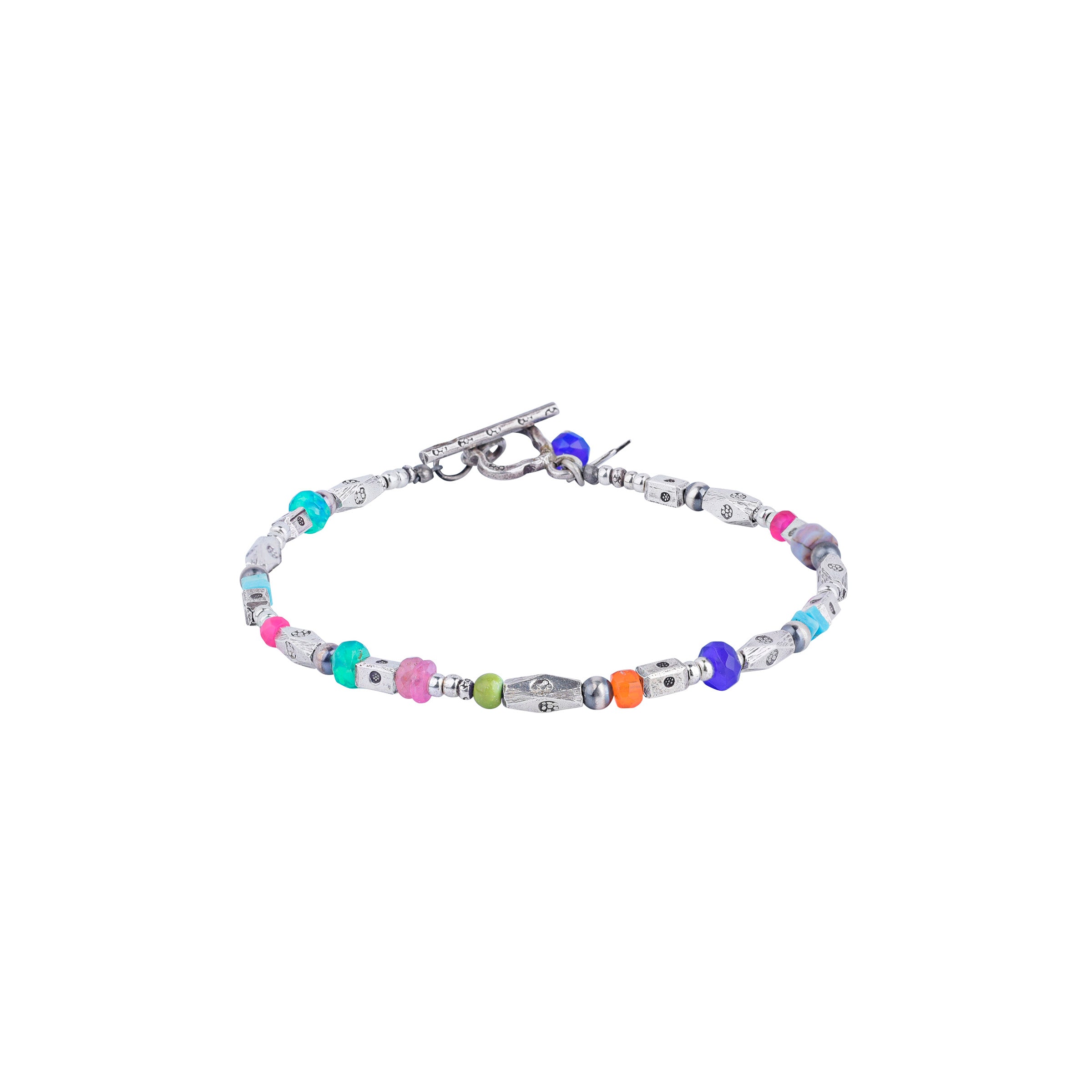 Sterling Silver Beaded Bracelet with Pink Sapphire, Ethiopian Opal, Blue Turquoise, Green Turquoise topped with Desert Pearls
