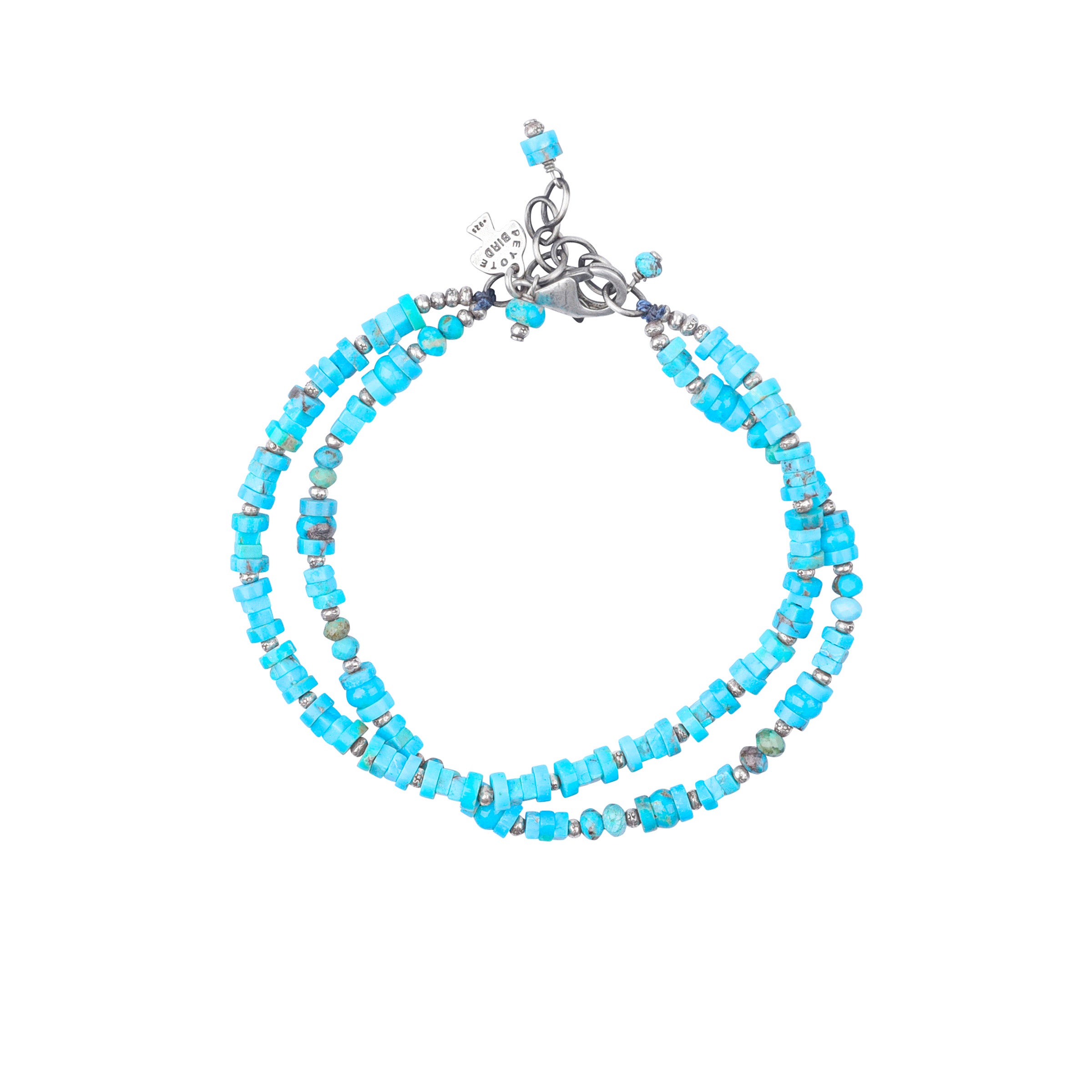 A Peyote Bird Original double strand bracelet beaded with Blue and Green Turquoise and Sterling Silver Thai beading