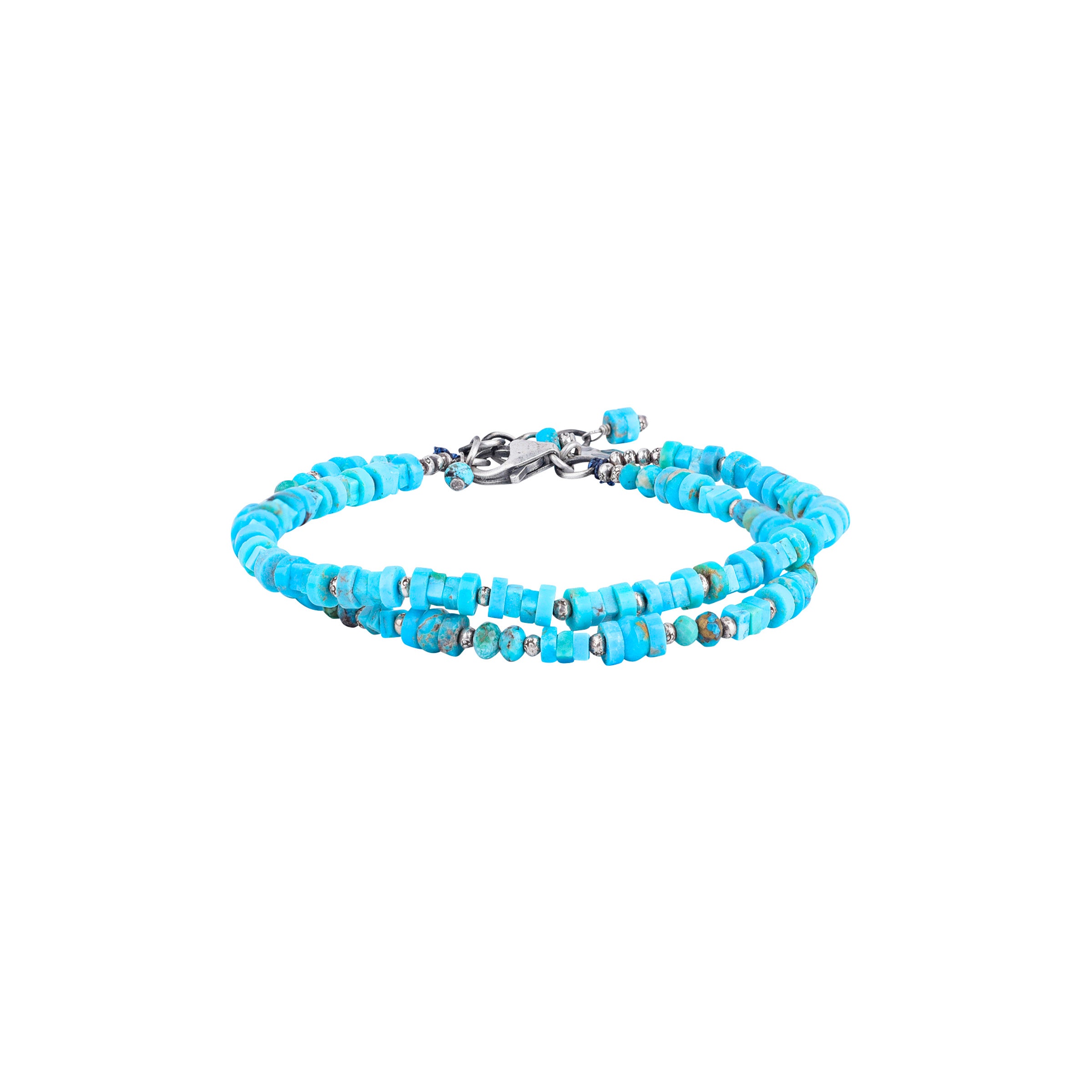 A Peyote Bird Original double strand bracelet beaded with Blue and Green Turquoise and Sterling Silver Thai beading