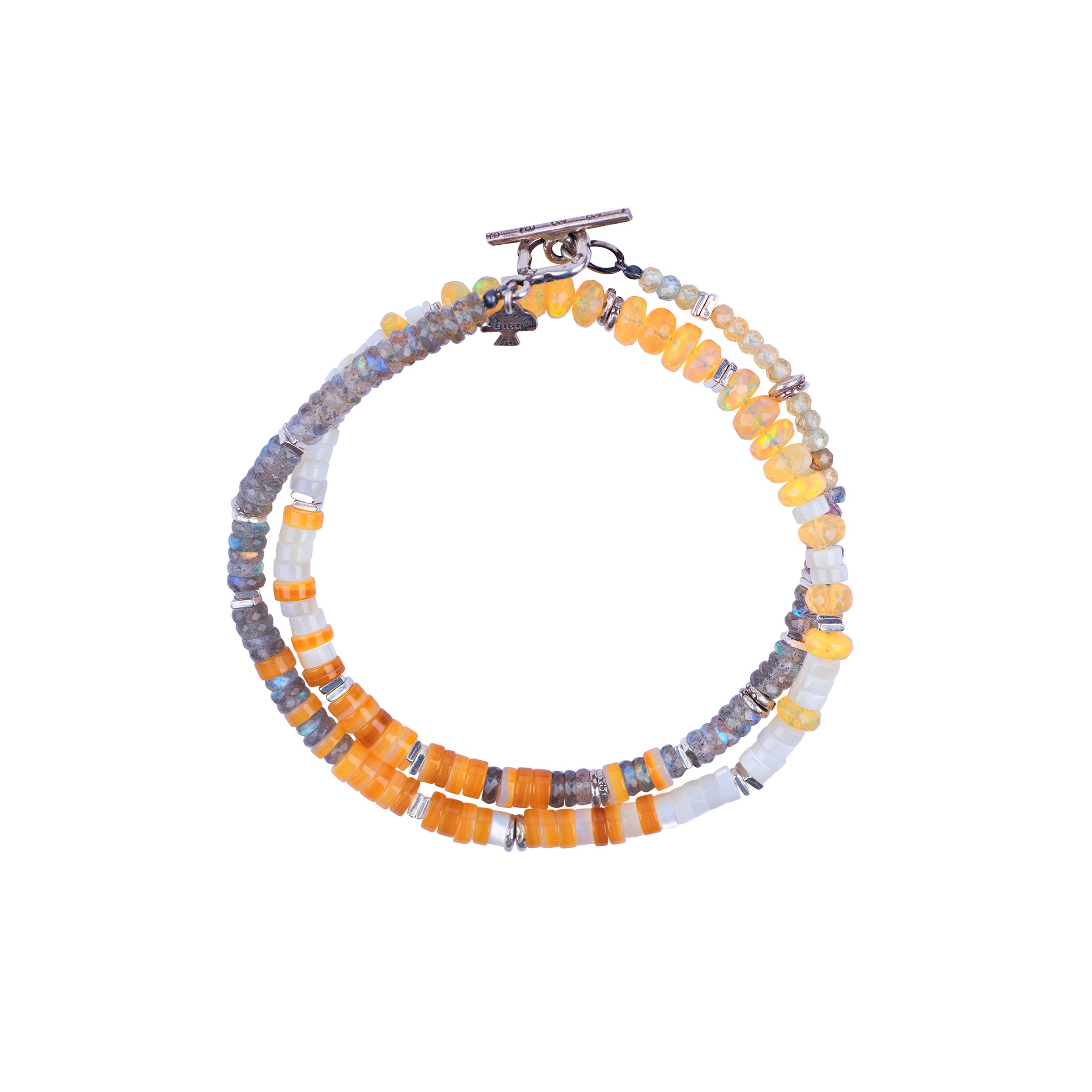 A stunning Peyote Bird Original beaded wrap bracelet strung with Labradorite, Yellow Mother of Pearl Shell, White Mother of Pearl Shell, Ethiopian Yellow Opal, and Sterling Silver accents. Finished with a Sterling Silver Toggle.