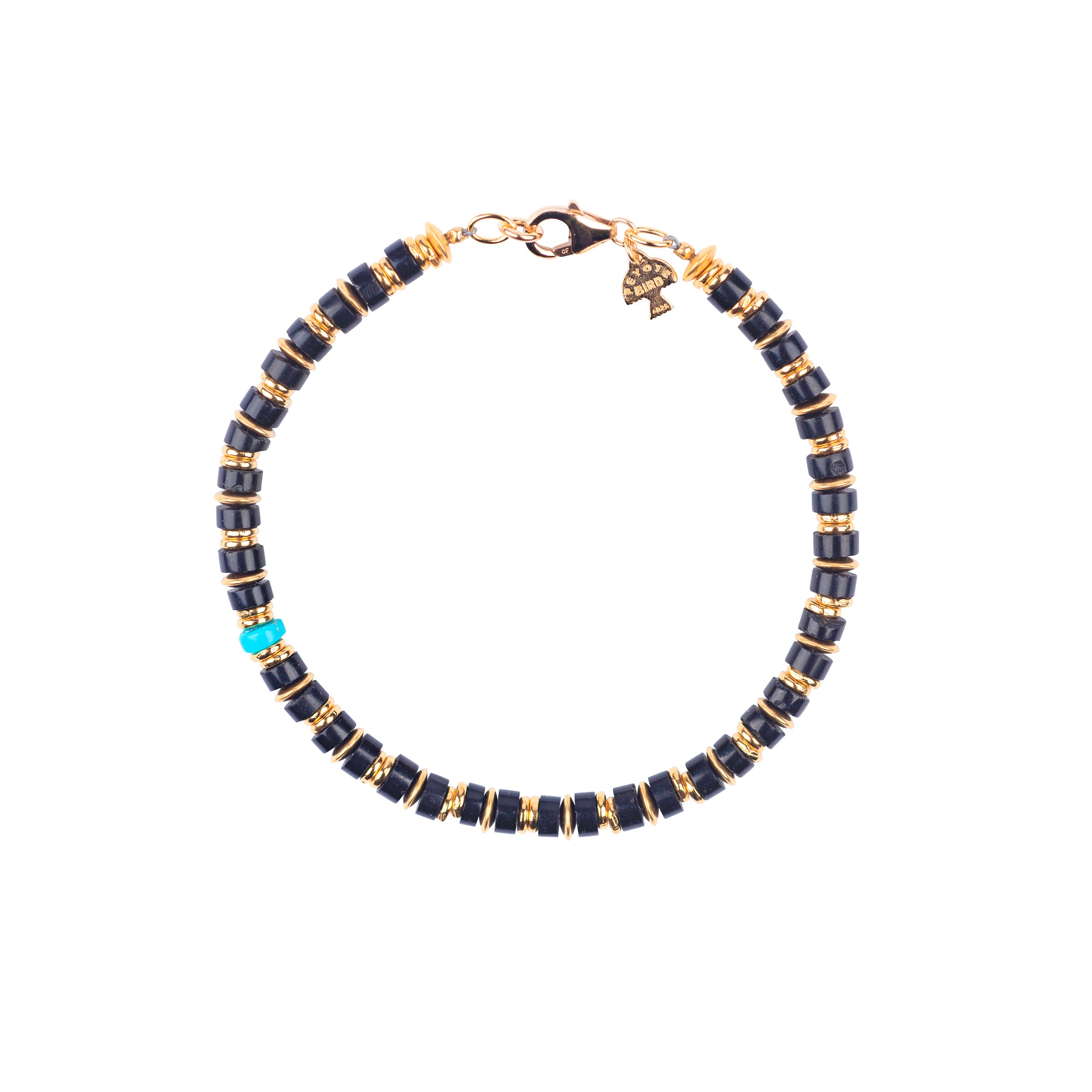 Peyote Bird original beaded bracelet with onyx, blue turquoise, and both 14K gold plate and gold fill.