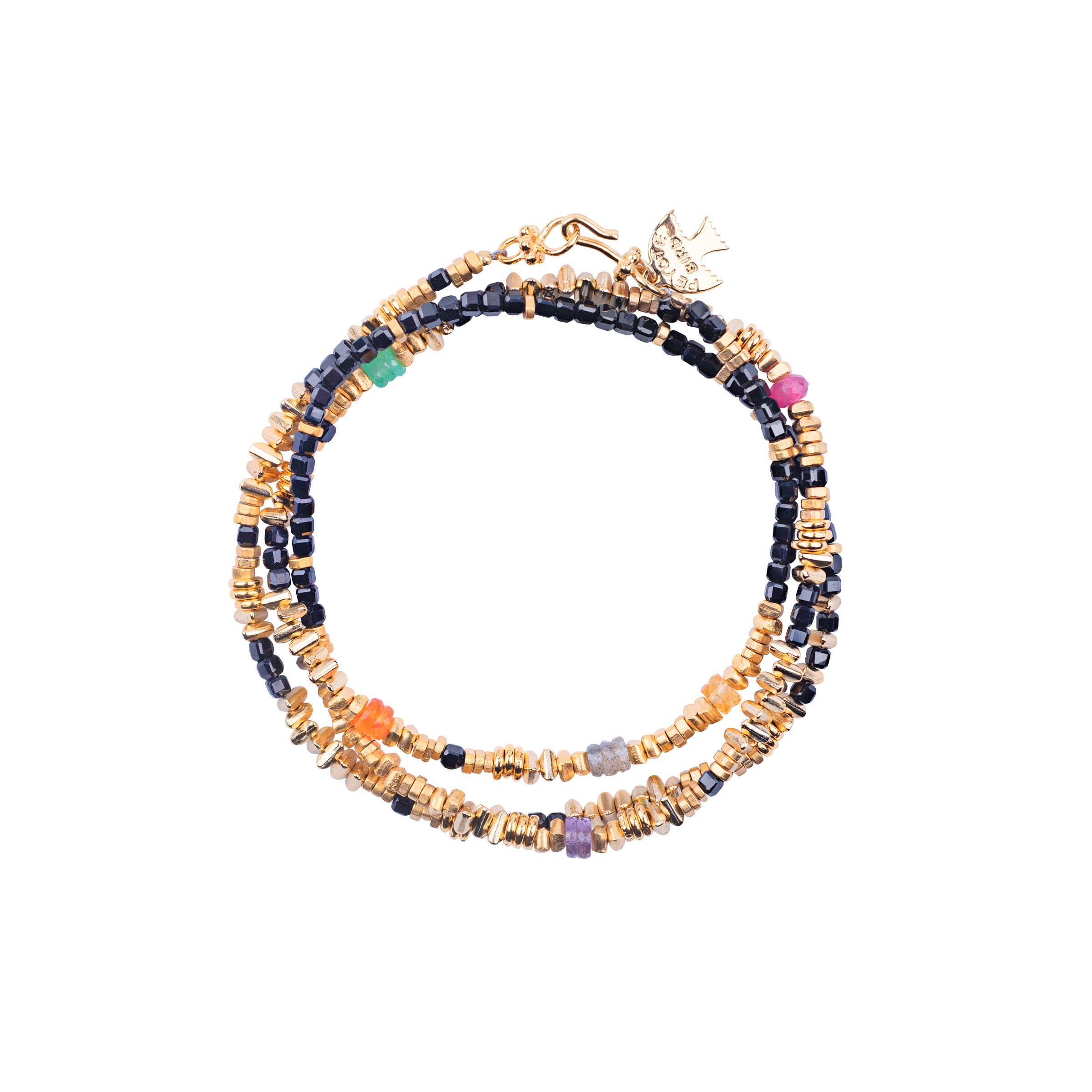 Peyote Bird original men's wrap bracelet featuring 14K gold plate and gold fill. There are accents of black spinel, citrine, pink sapphire, chrysoprase, amethyst, and labradorite. Made in USA.