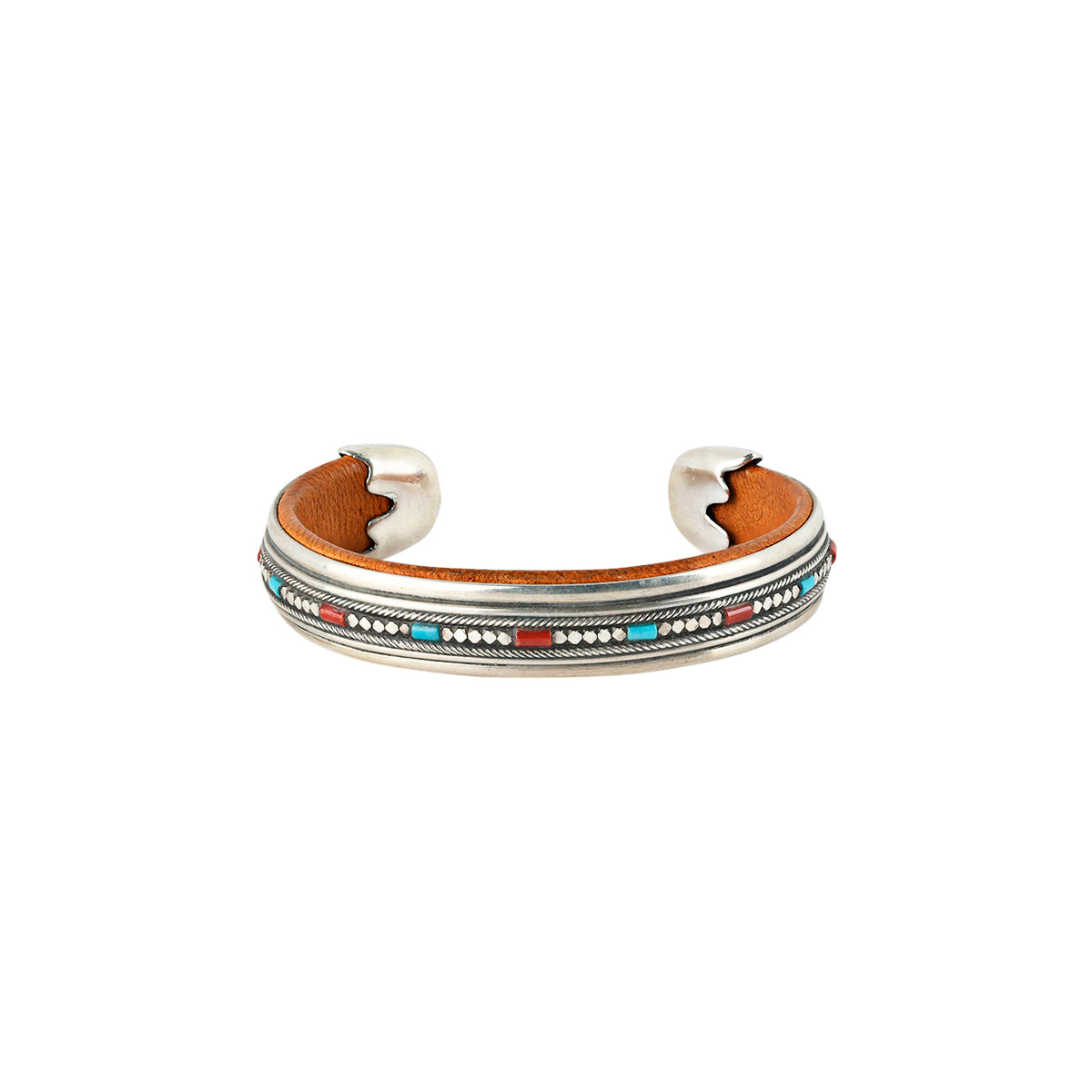 Cuff bracelet made with leather, blue turquoise, red coral, and sterling silver