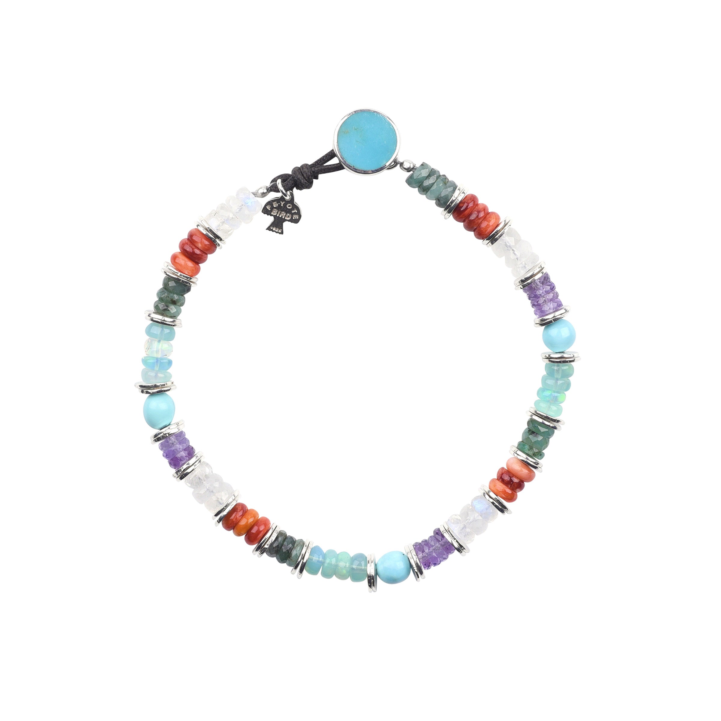 Made with Red Spiny Oyster Shell, Turquoise, Rainbow Moonstone, Ethiopian Opal, Emerald, Amethyst, adorned with Sterling Silver spacers and finished with a Blue Turquoise and leather toggle.