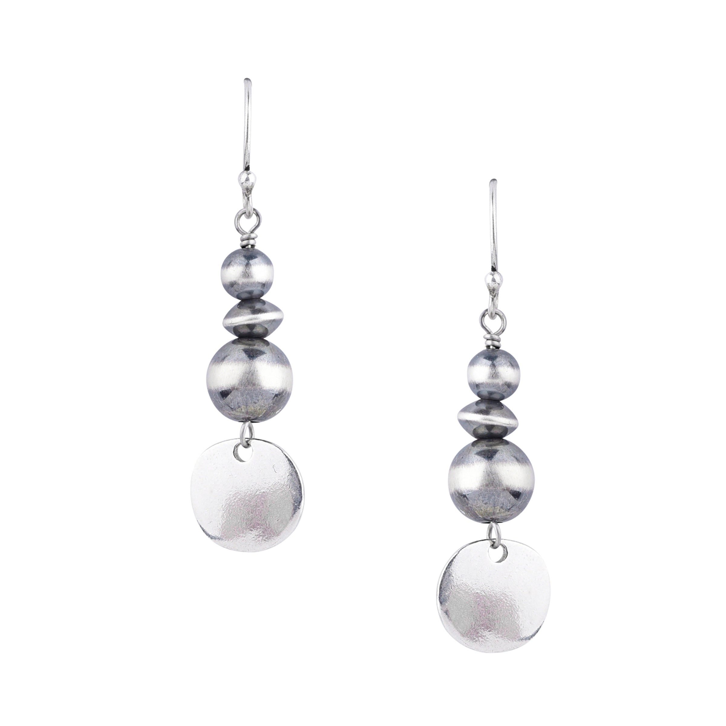 Beaded drop earrings made with classic desert pearls, desert pearl saucers, and a sterling silver disc bead