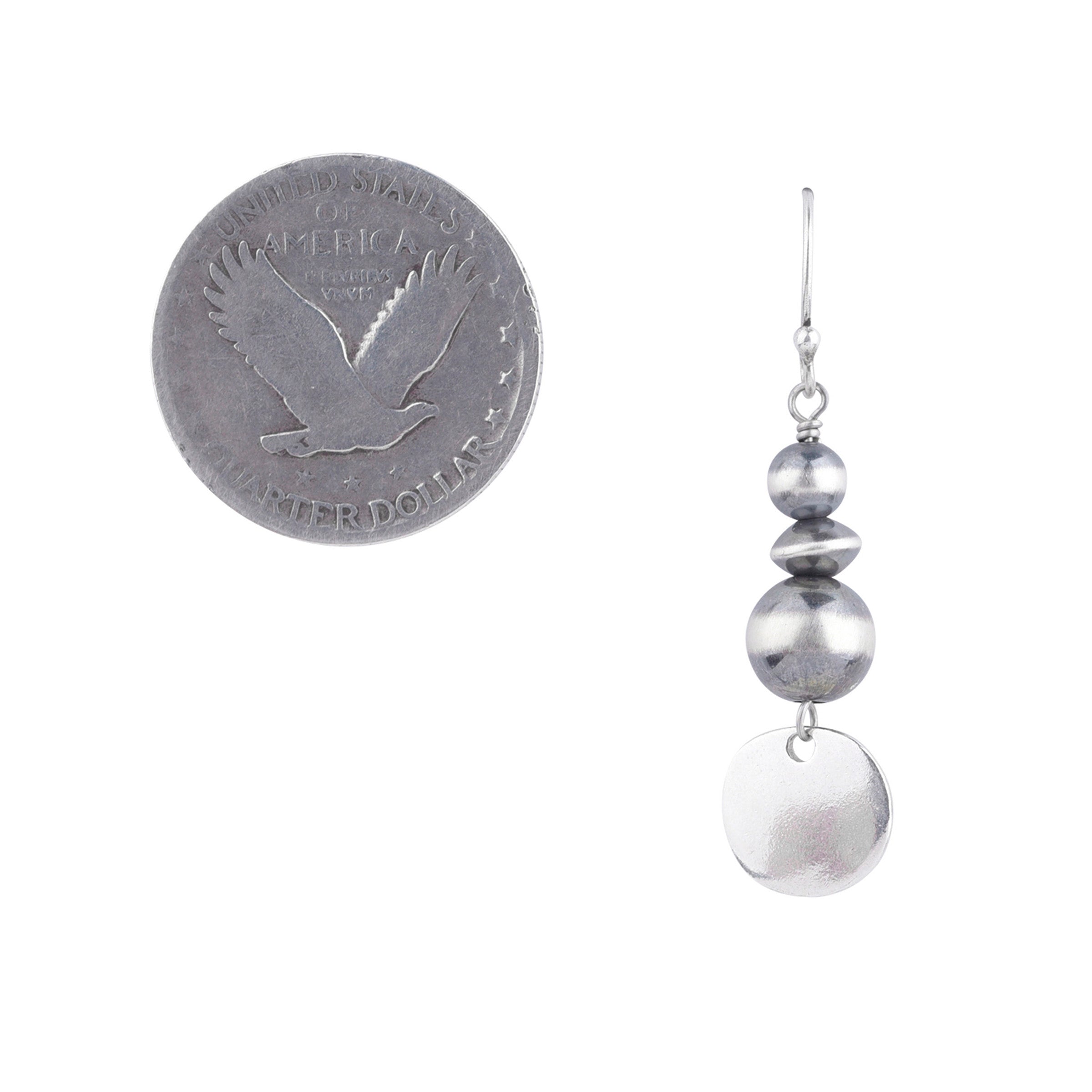 Beaded drop earrings made with classic desert pearls, desert pearl saucers, and a sterling silver disc bead
