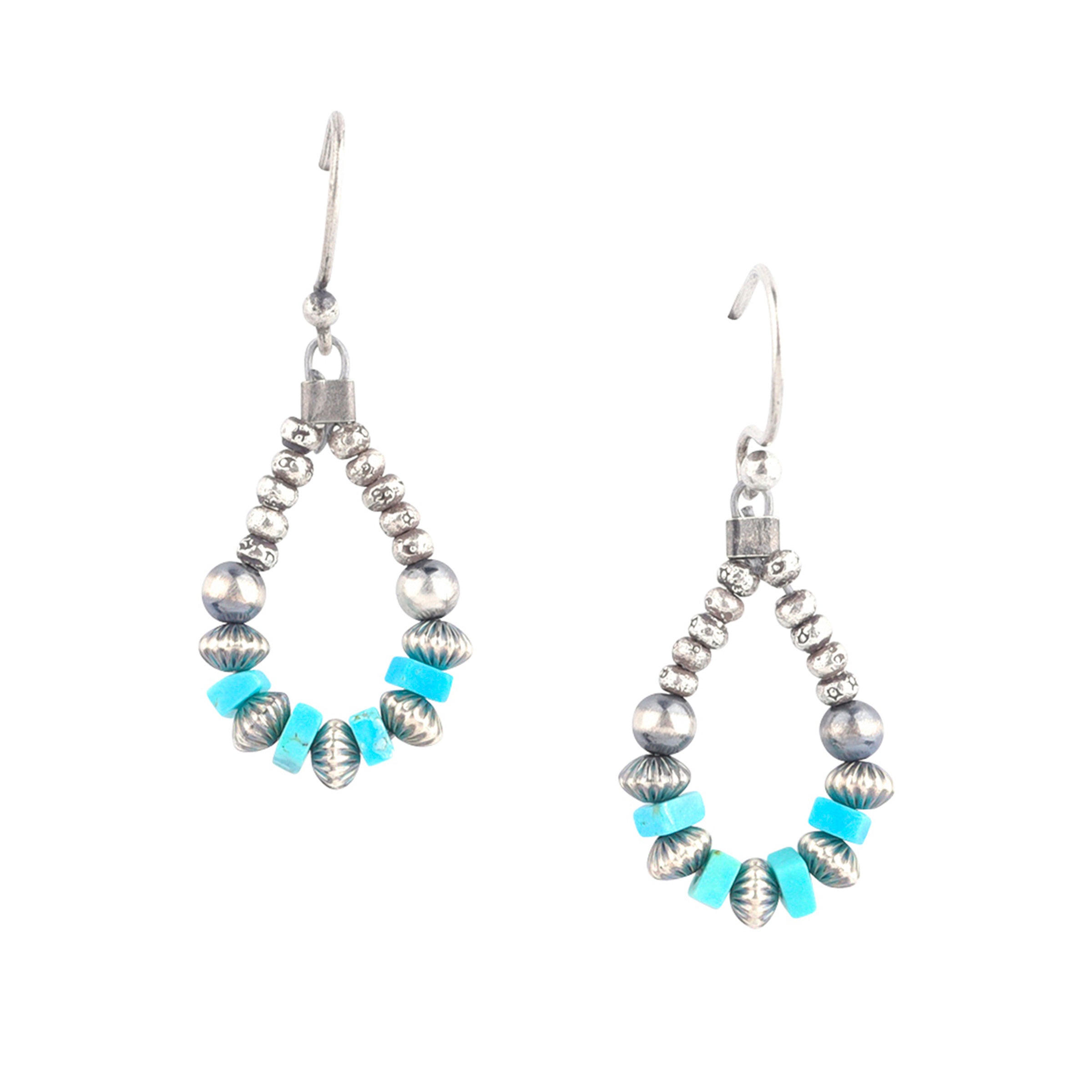 Beaded teardrop earrings with Classic Desert Pearls, Corrugated Desert Pearls, Thai Sterling Silver beading, and Blue Turquoise
