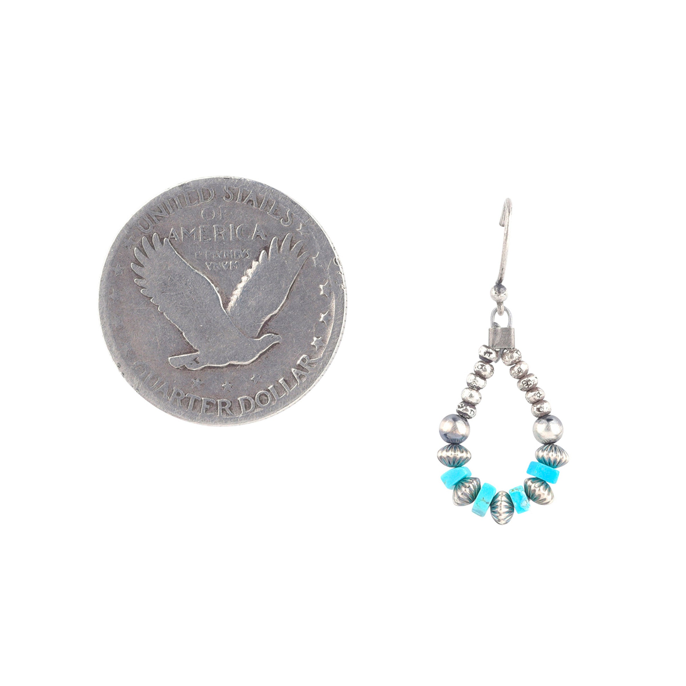 Beaded teardrop earrings with Classic Desert Pearls, Corrugated Desert Pearls, Thai Sterling Silver beading, and Blue Turquoise