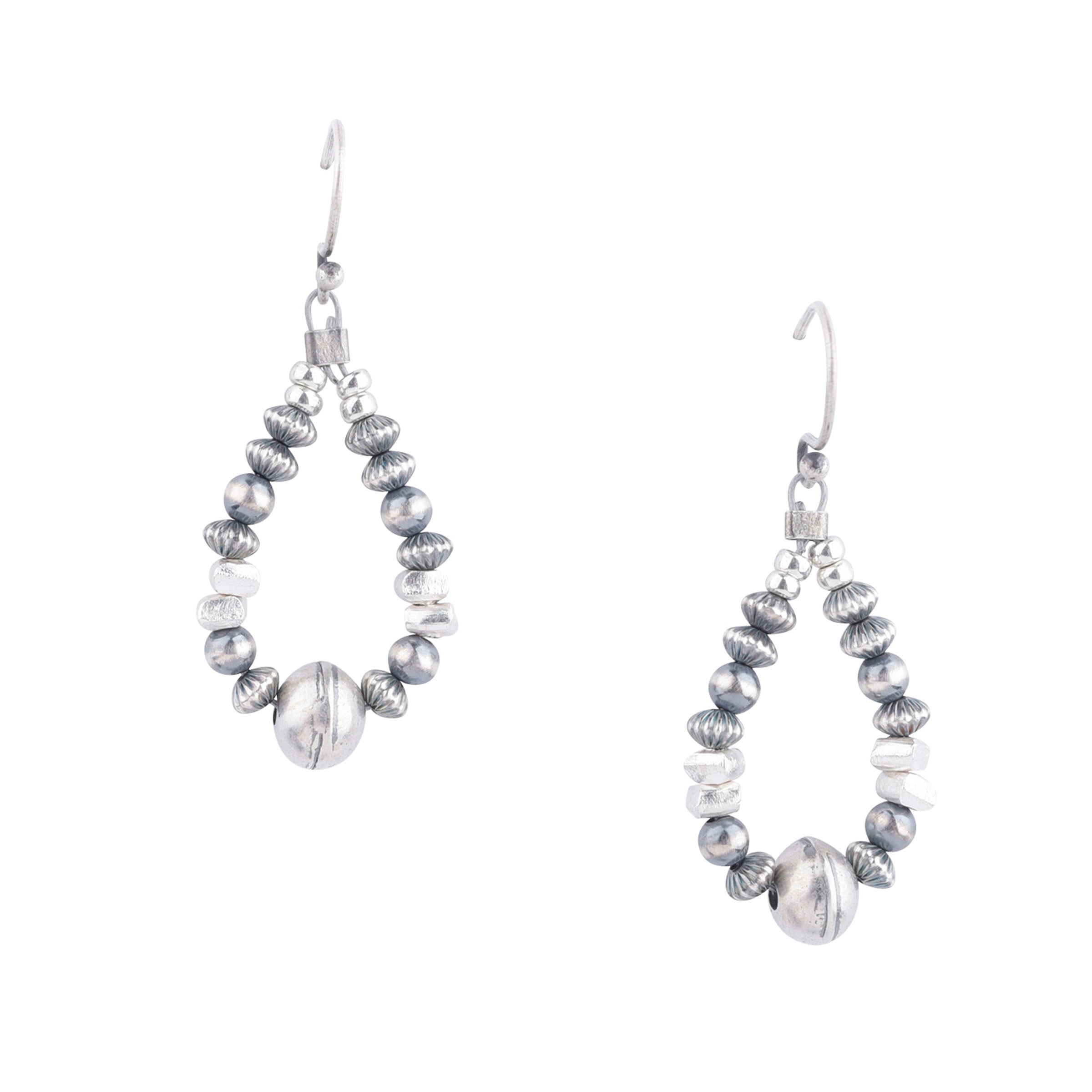 Teardrop beaded earrings made with Classic Desert Pearls, Corrugated Desert Pearls, and Sterling Silver Thai Beading