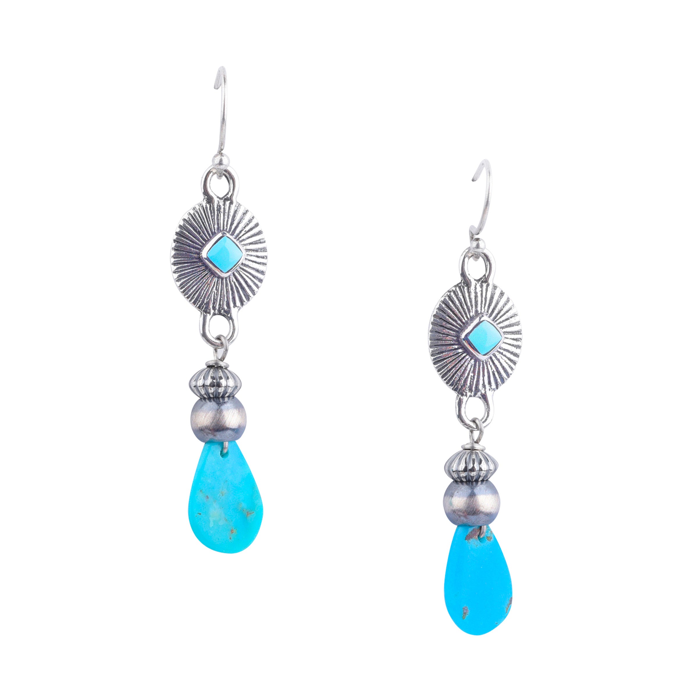 Beaded drop earrings with Beaming Turquoise Charm, Desert Pearls, and Corrugated Desert Pearl finished with a Blue Turquoise Teardrop