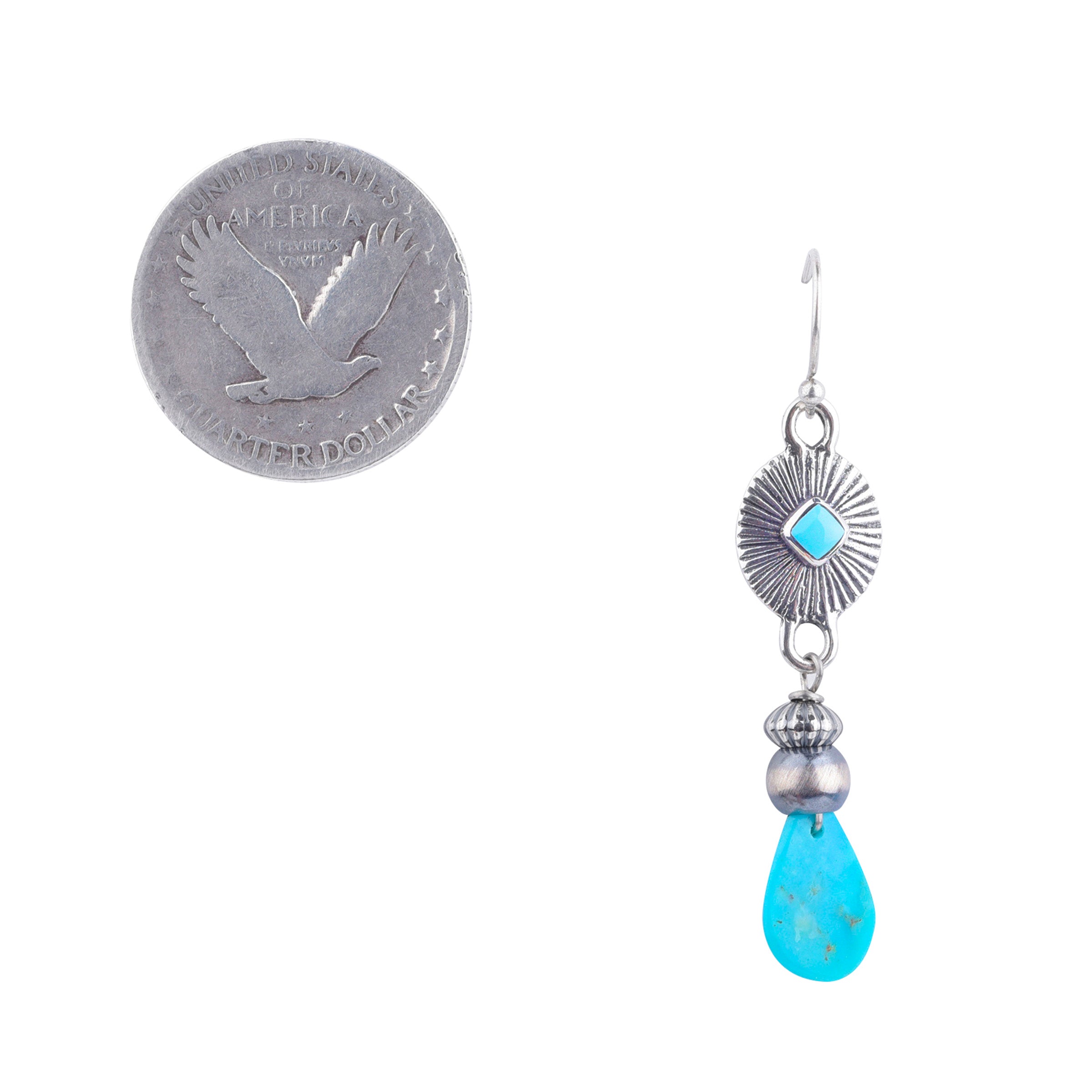 Beaded drop earrings with Beaming Turquoise Charm, Desert Pearls, and Corrugated Desert Pearl finished with a Blue Turquoise Teardrop