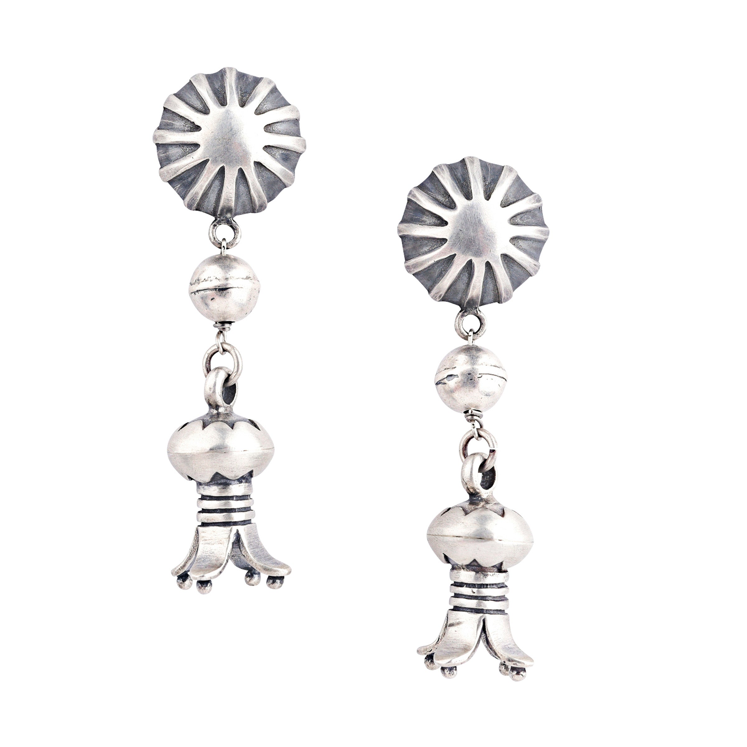 Sterling Silver Squash Blossom Dangle Earrings Studs with Desert Pearl