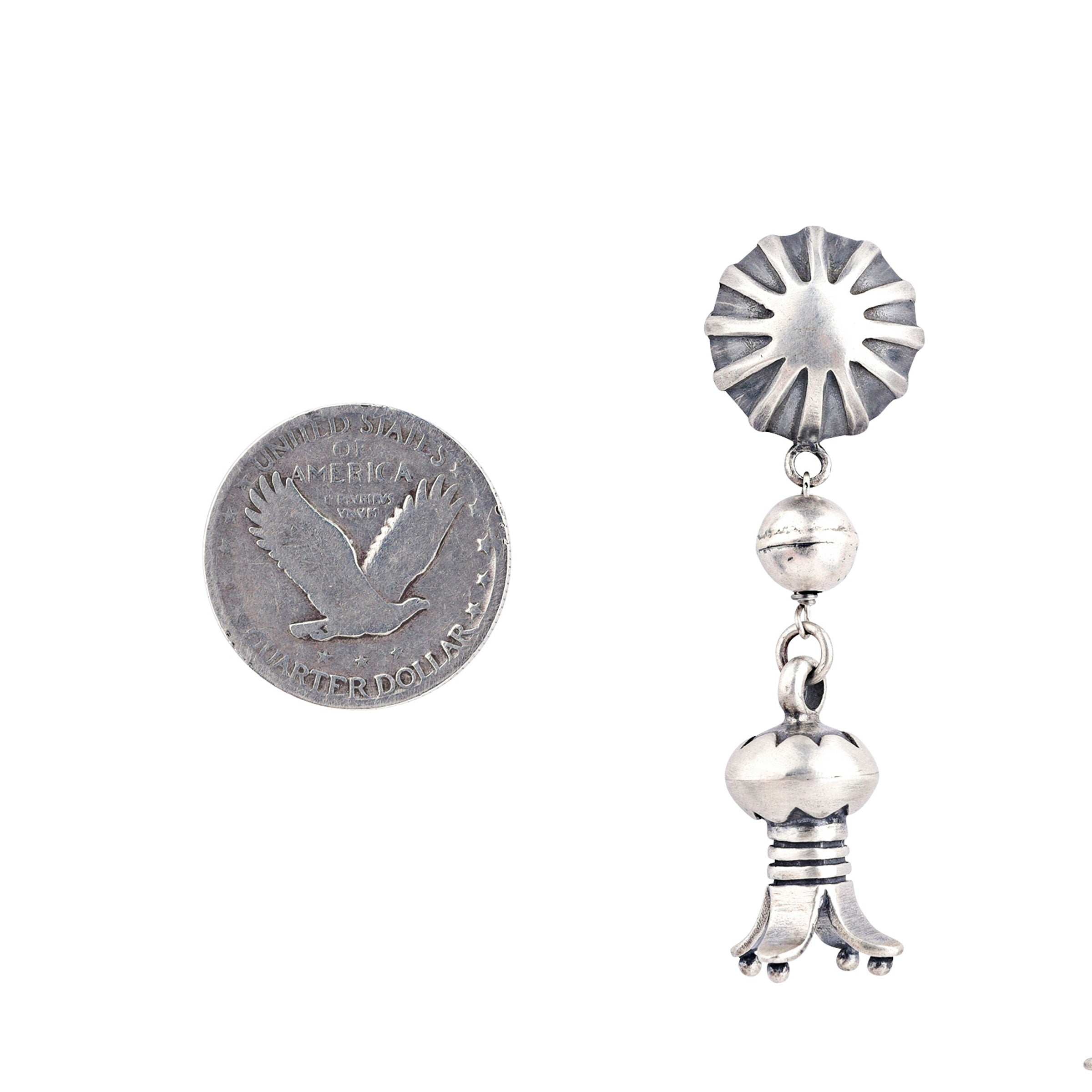 Sterling Silver Squash Blossom Dangle Earrings Studs with Desert Pearl