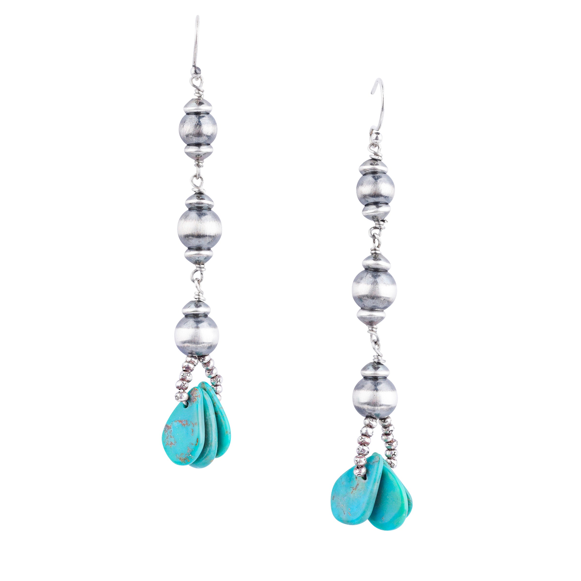 Drop Dangle Earrings adorned with classic Desert Pearls, Desert Pearl Saucers, Sterling Silver Thai Beading, and Blue Green Turquoise Teardrop Tabs