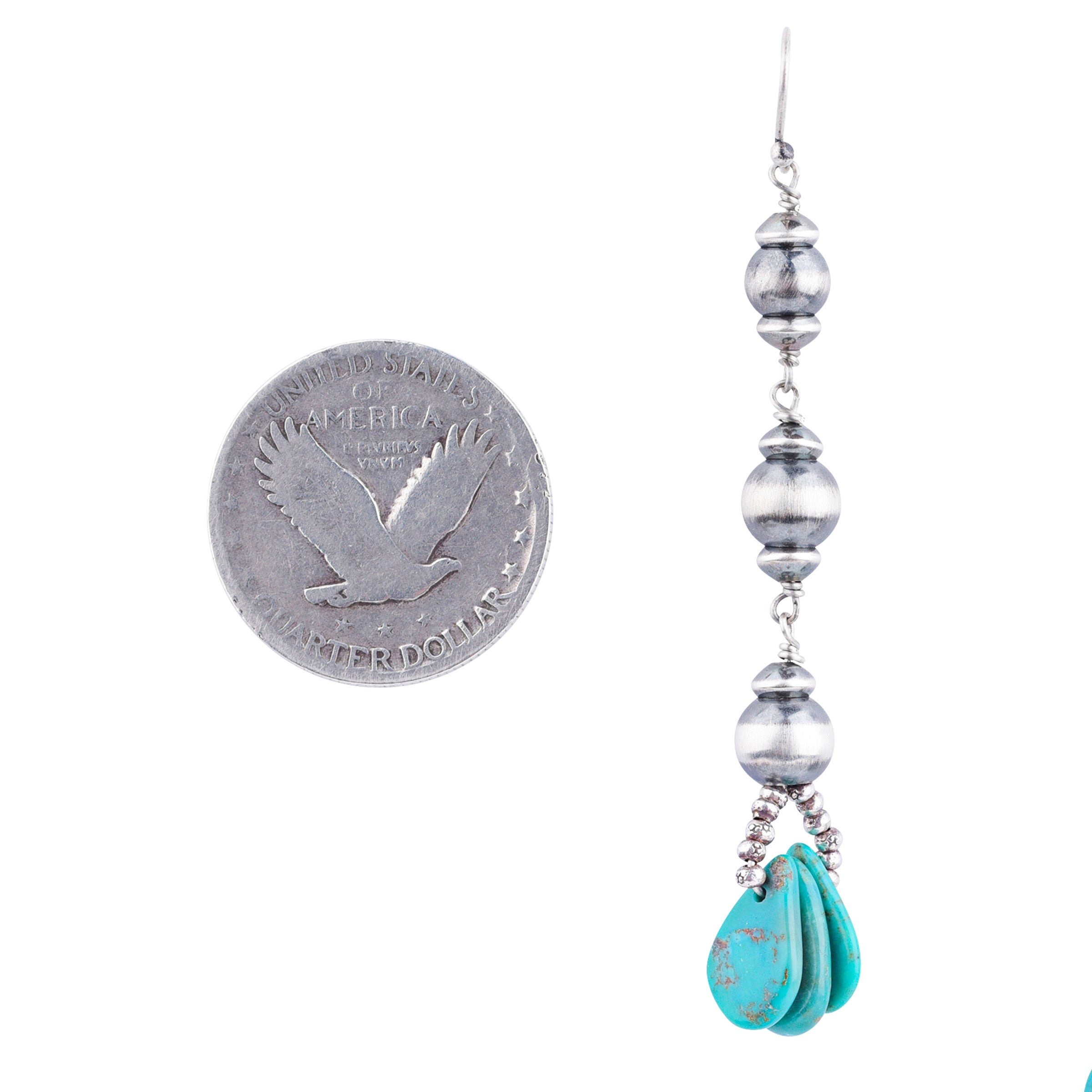 Drop Dangle Earrings adorned with classic Desert Pearls, Desert Pearl Saucers, Sterling Silver Thai Beading, and Blue Green Turquoise Teardrop Tabs