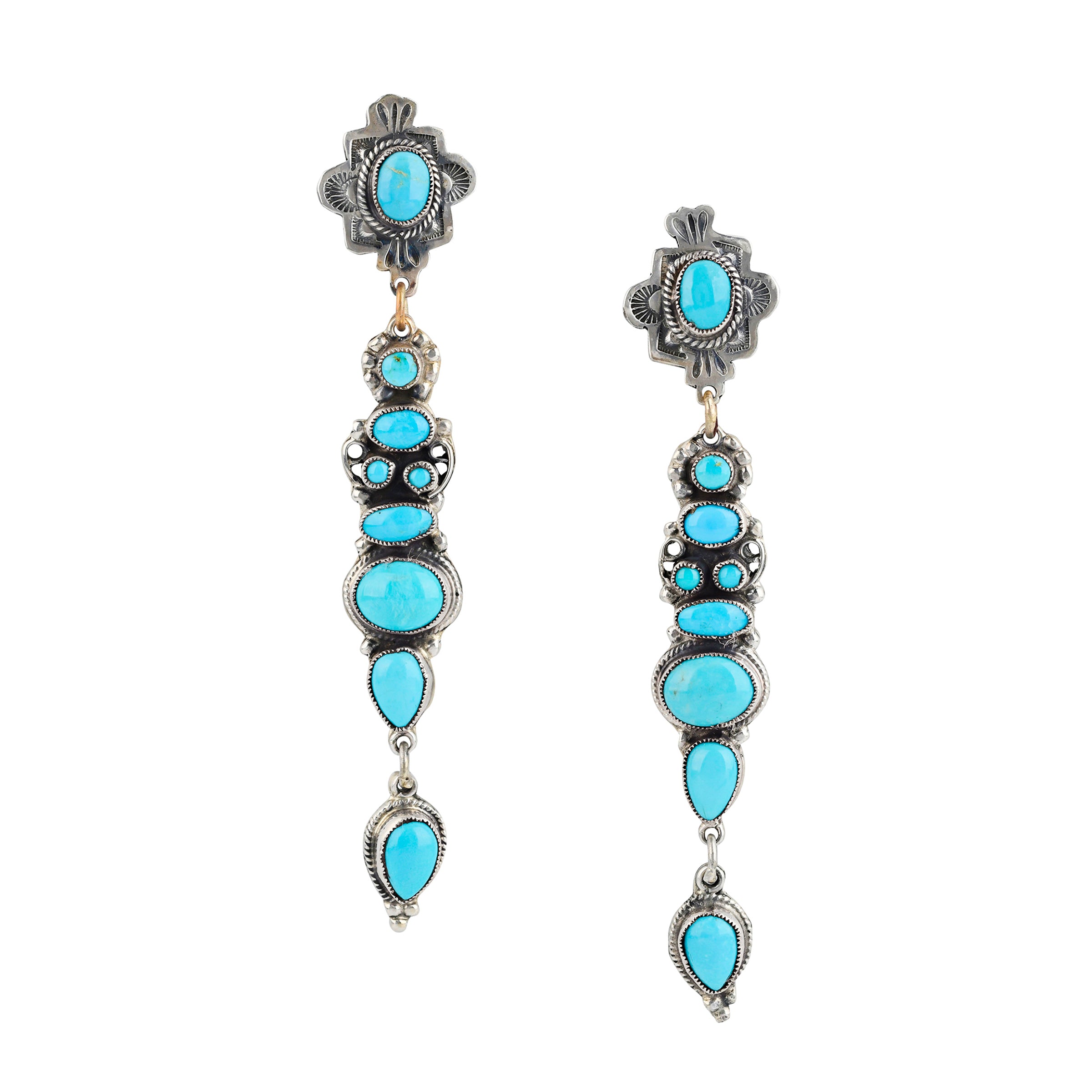 Handcrafted post back, drop earrings made with stamped Sterling Silver and Blue Turquoise