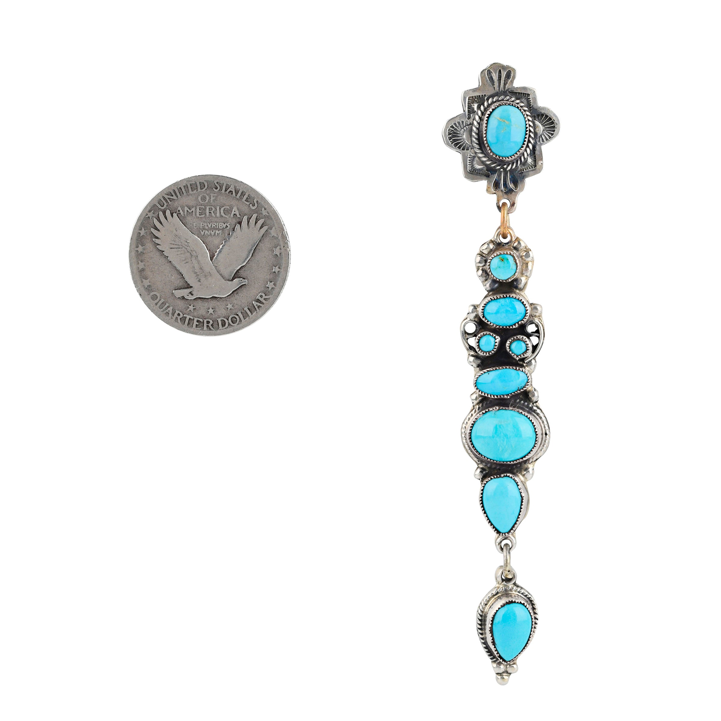 Handcrafted post back, drop earrings made with stamped Sterling Silver and Blue Turquoise