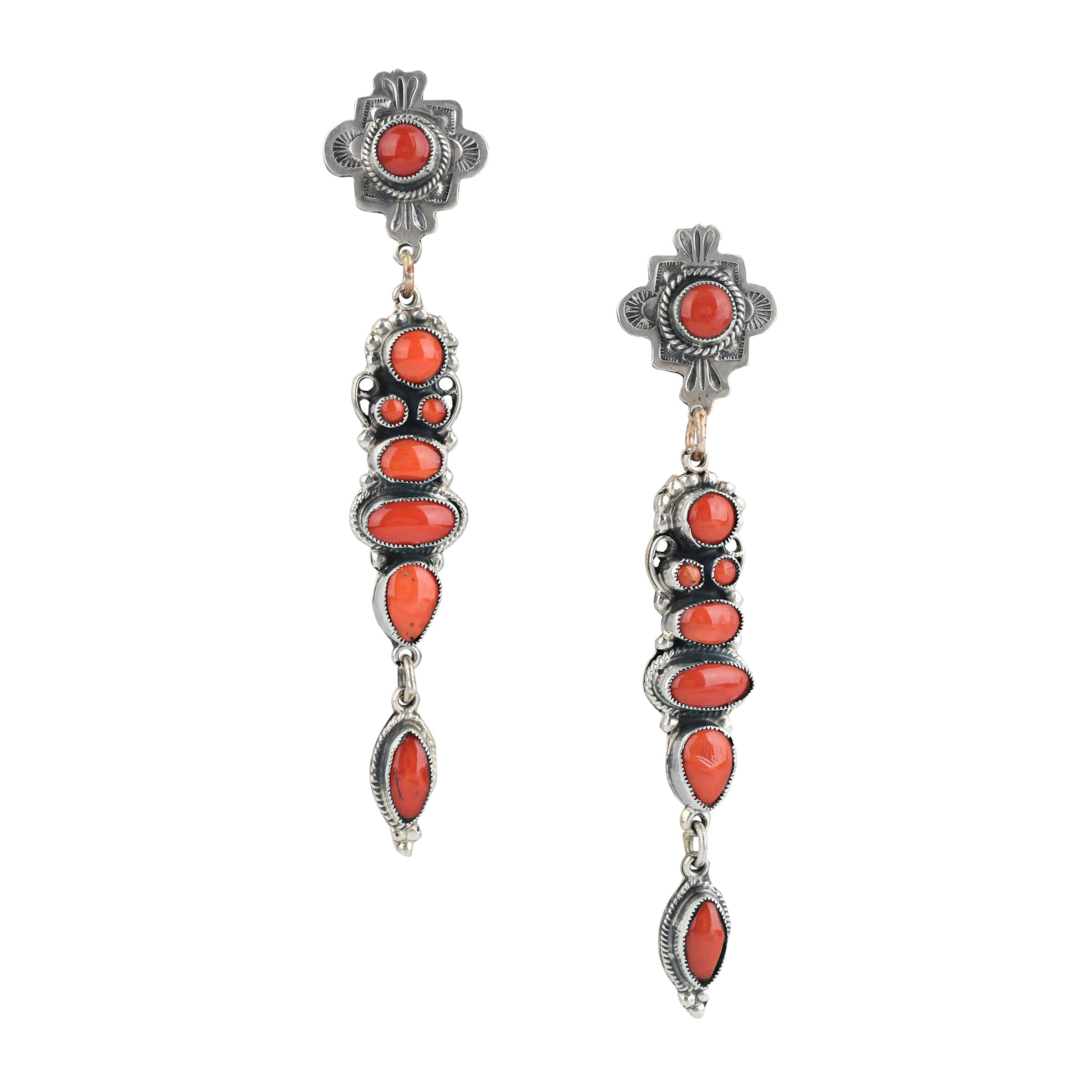 Handcrafted post back, drop earrings made with stamped Sterling Silver and Red Coral