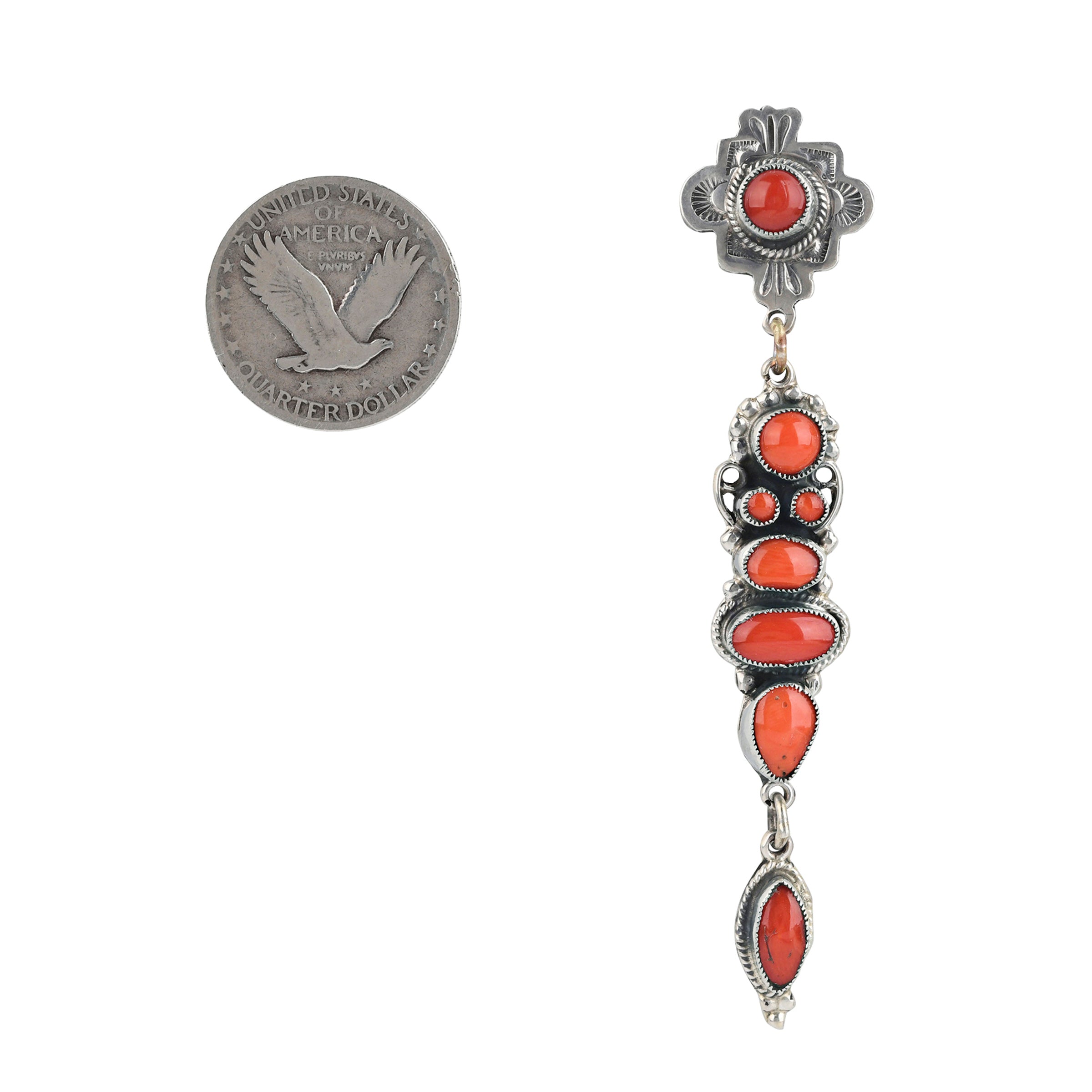 Handcrafted post back, drop earrings made with stamped Sterling Silver and Red Coral