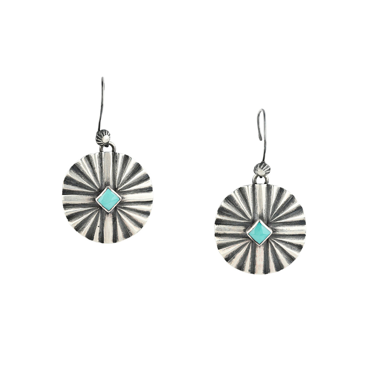 Sterling Silver, concho-like earrings featuring blue turquoise stone at the center surrounded by beams of sterling silver