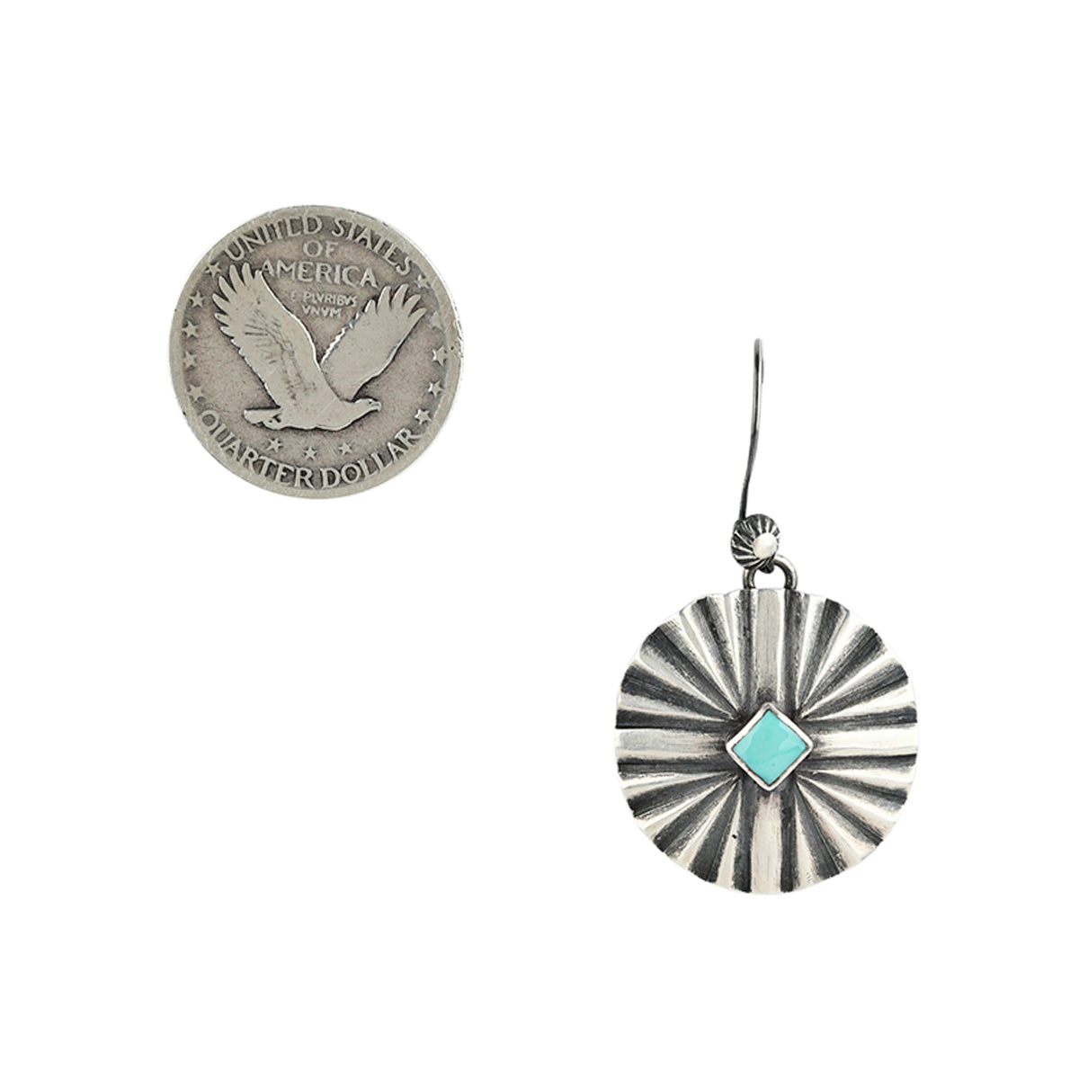 Sterling Silver, concho-like earrings featuring blue turquoise stone at the center surrounded by beams of sterling silver