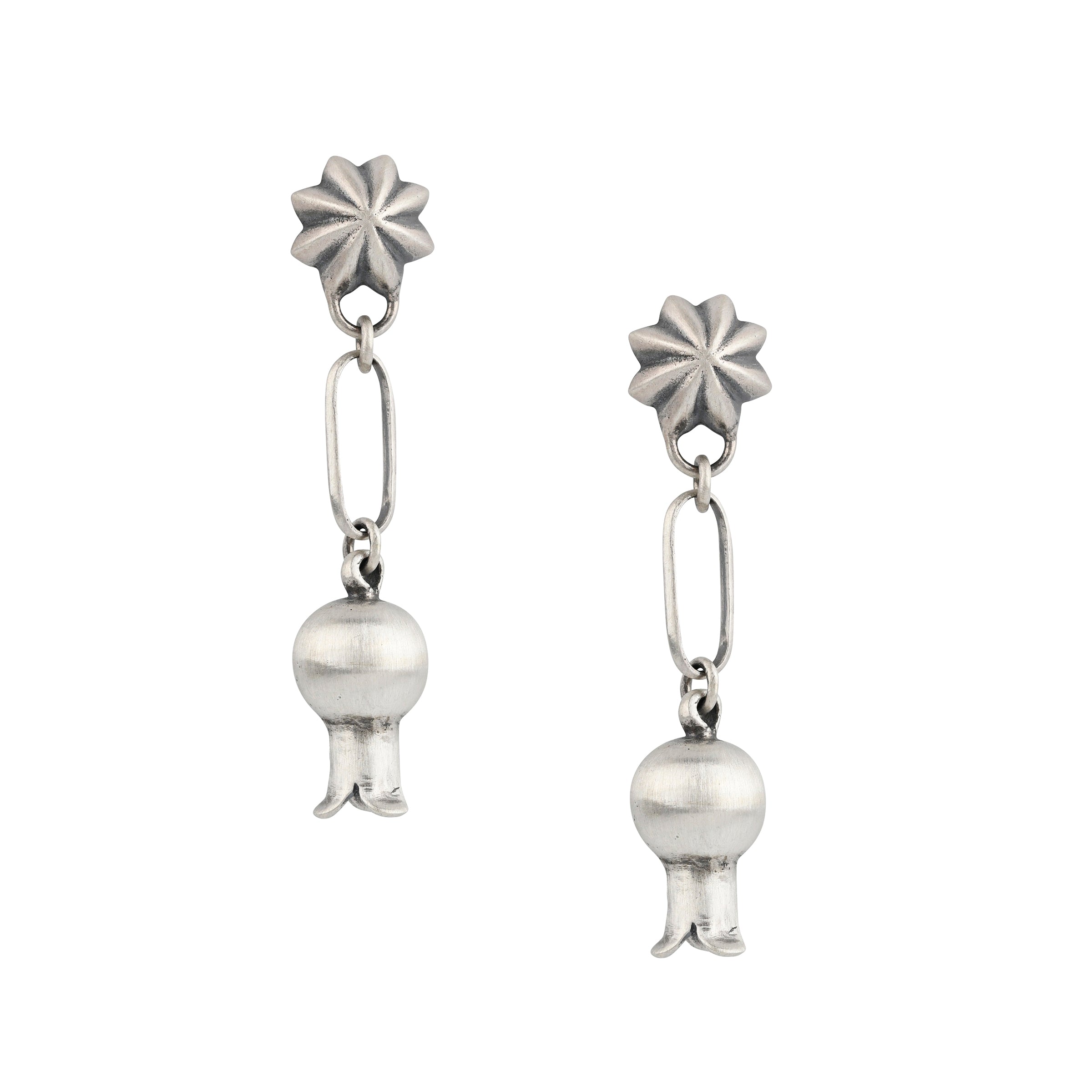 Sterling Silver drop earrings with Blossom Charm, wide chain loop, topped with sterling silver concho stud