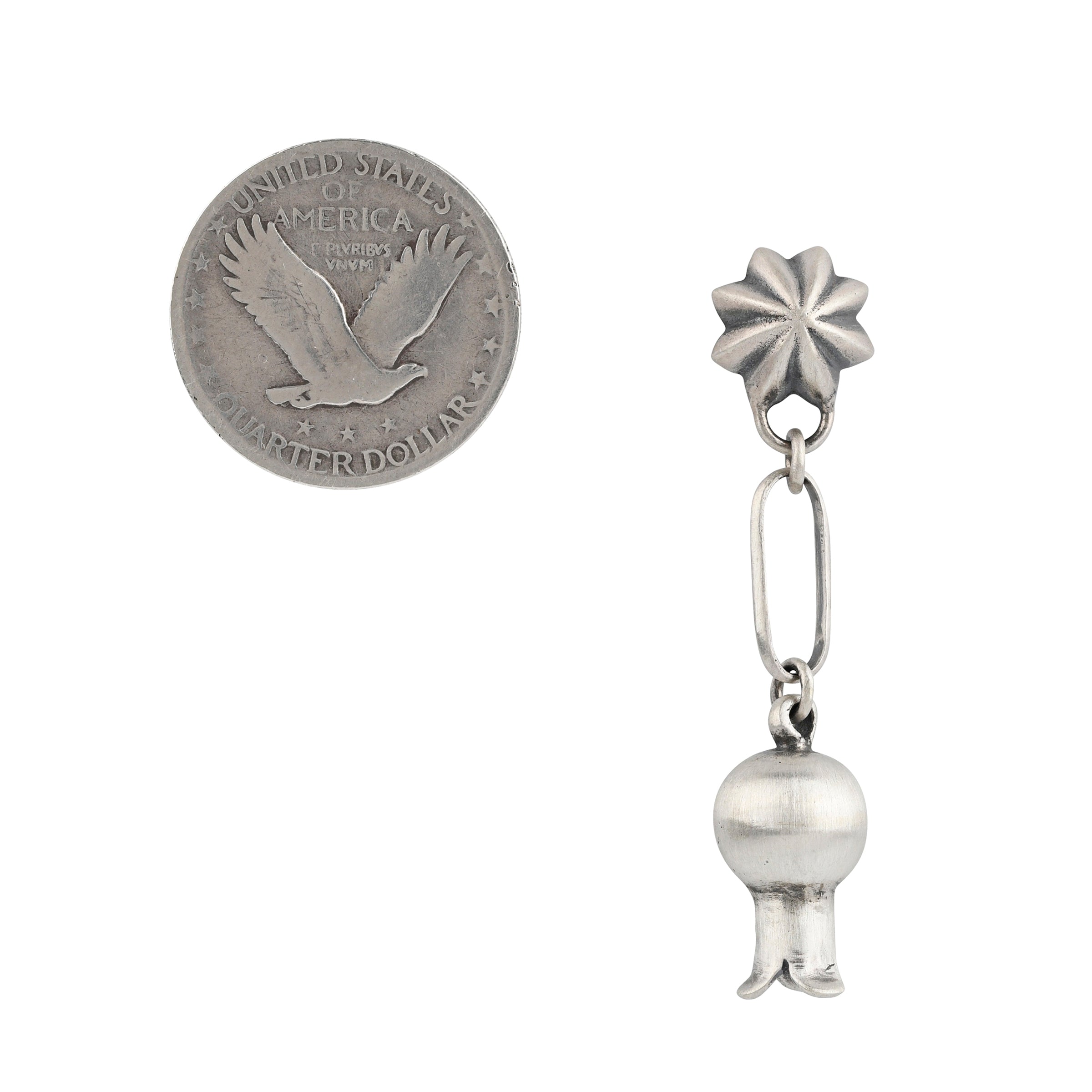 Sterling Silver drop earrings with Blossom Charm, wide chain loop, topped with sterling silver concho stud