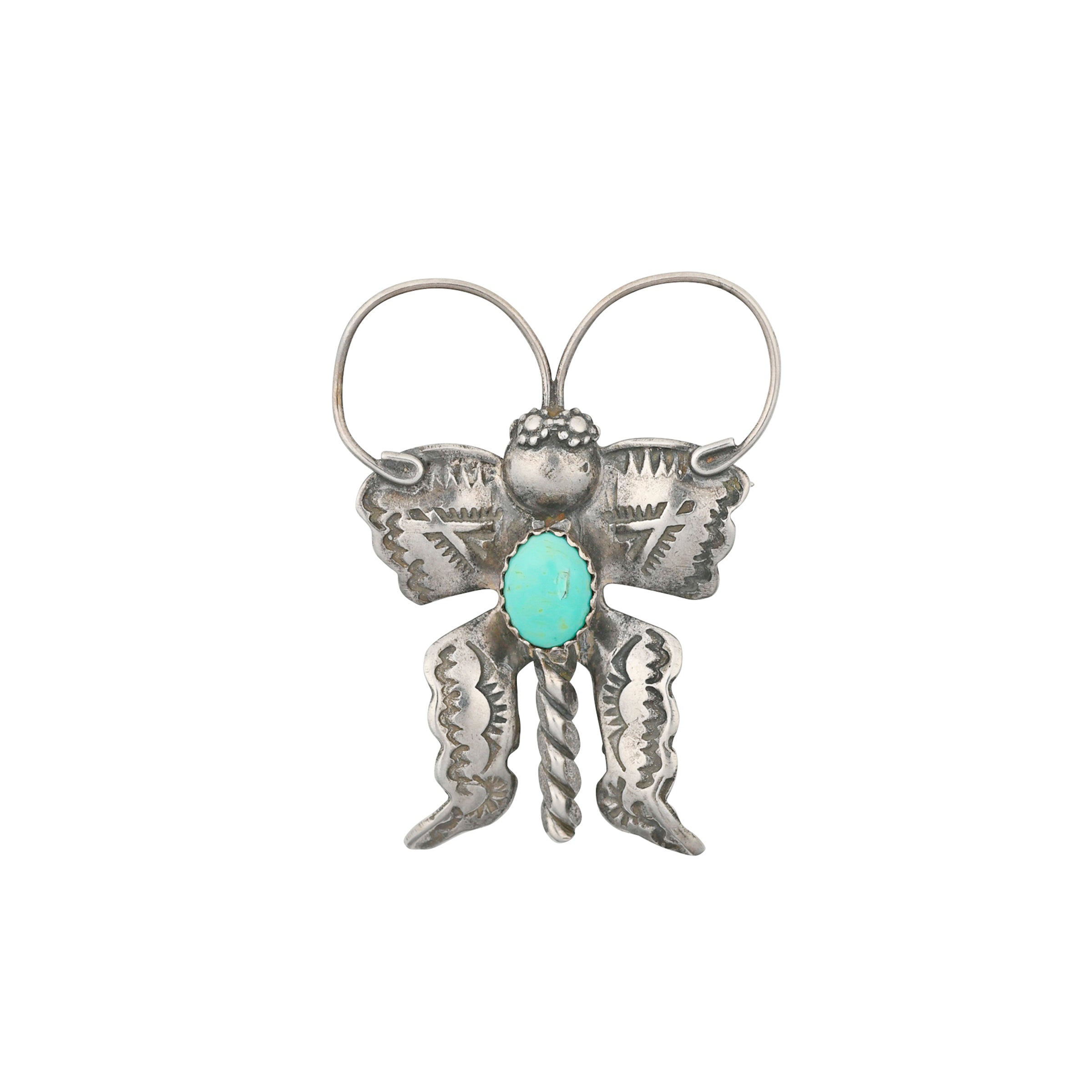 A pin that is a unique rendition of a butterfly with long, curly antennae and a Blue Turquoise as the centerpiece
